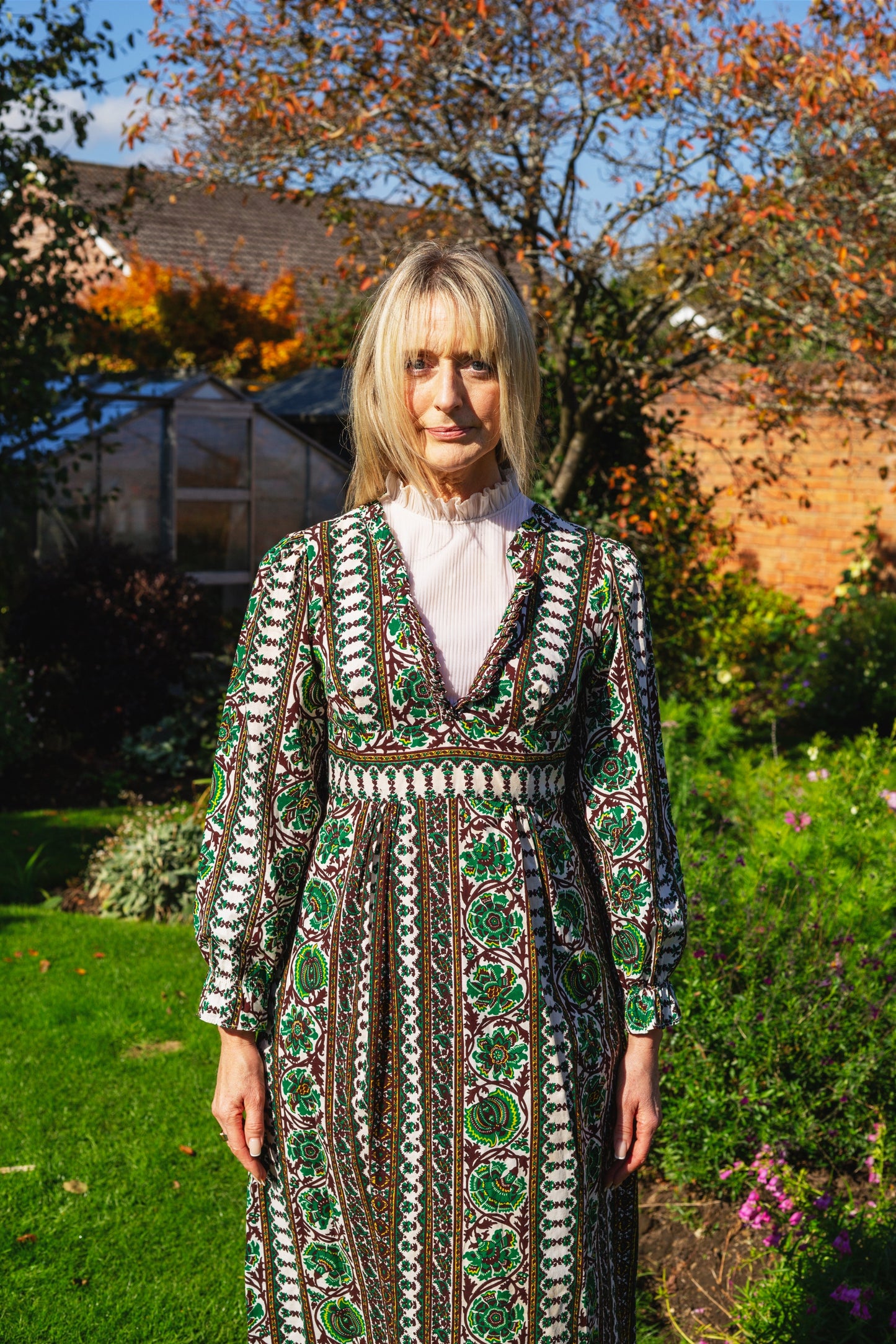 70s Vintage Patterned High-neck Maxi Dress