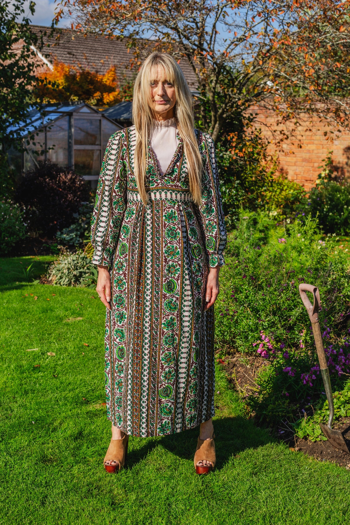70s Vintage Patterned High-neck Maxi Dress