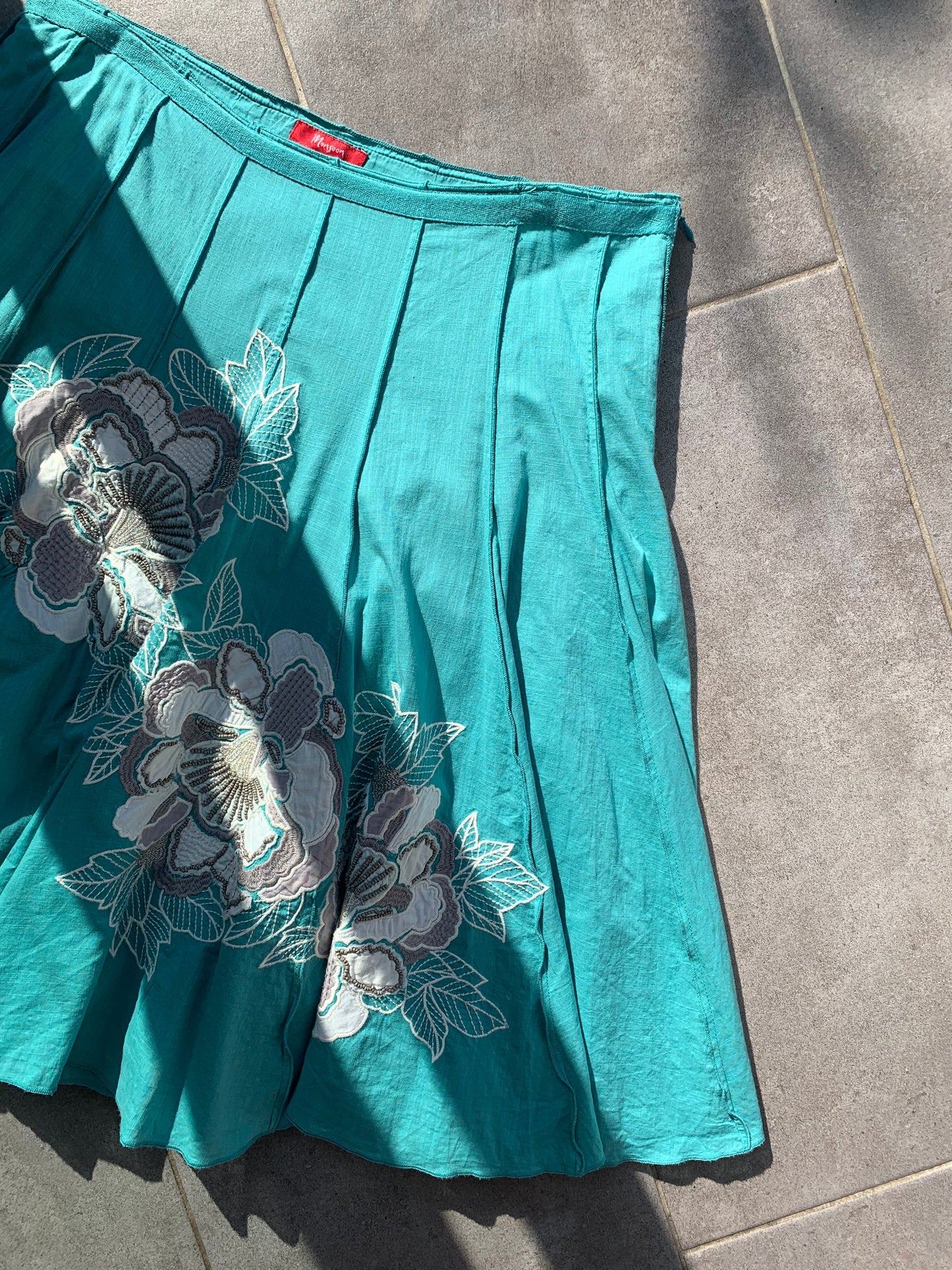 Monsoon 2000's 100% Cotton Turquoise Embroidered Midi Skirt