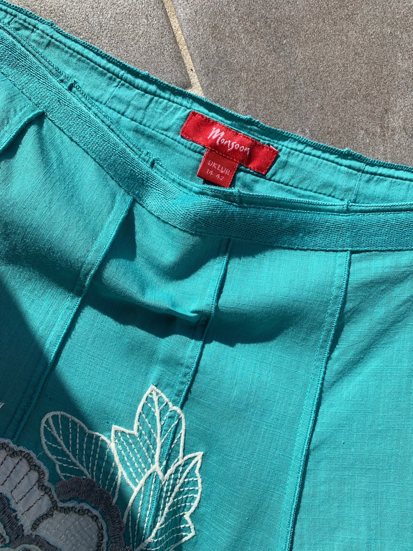 Monsoon 2000's 100% Cotton Turquoise Embroidered Midi Skirt