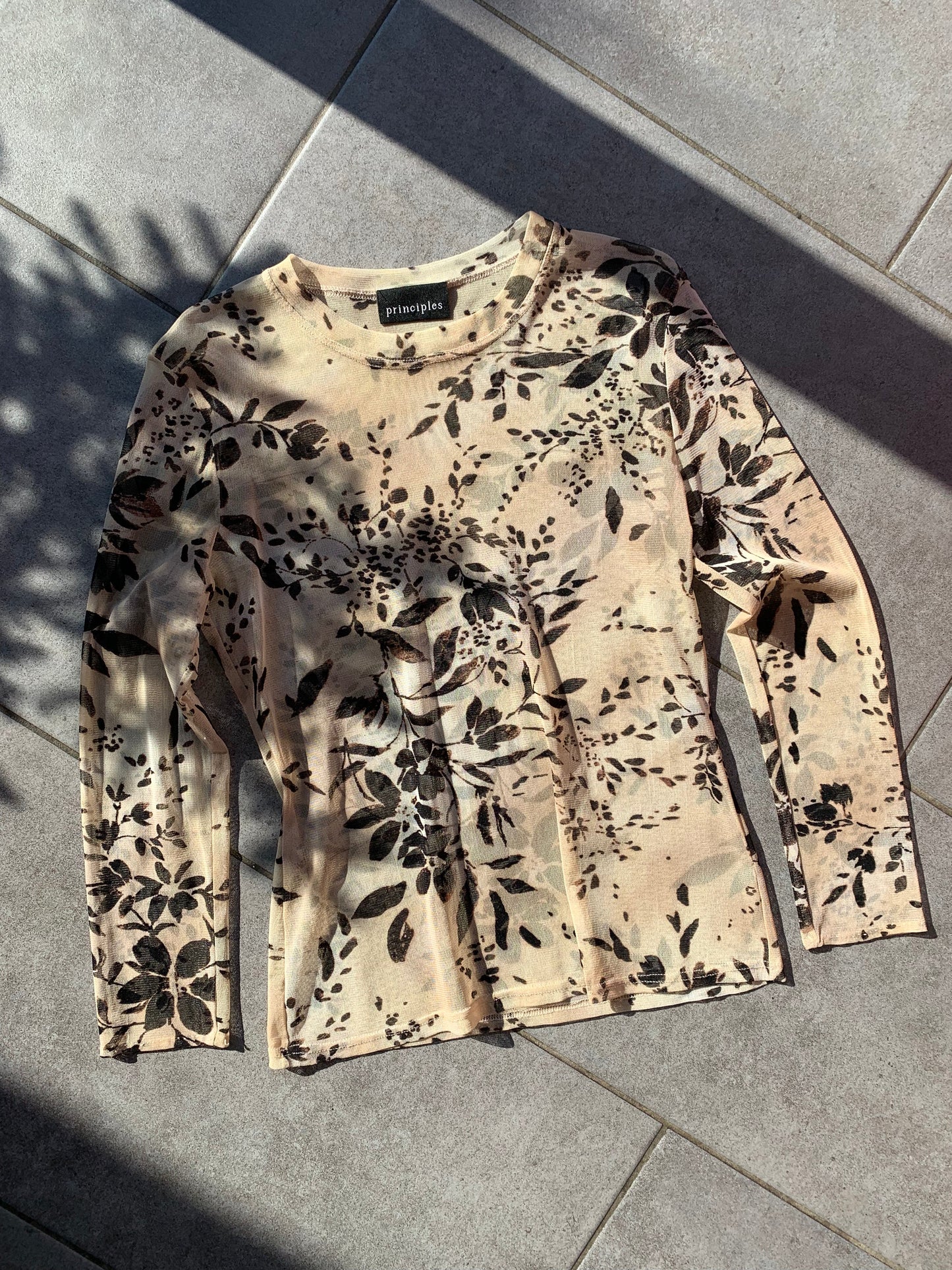 90s Vintage Principles Sheer Long Sleeve Beige Floral Top