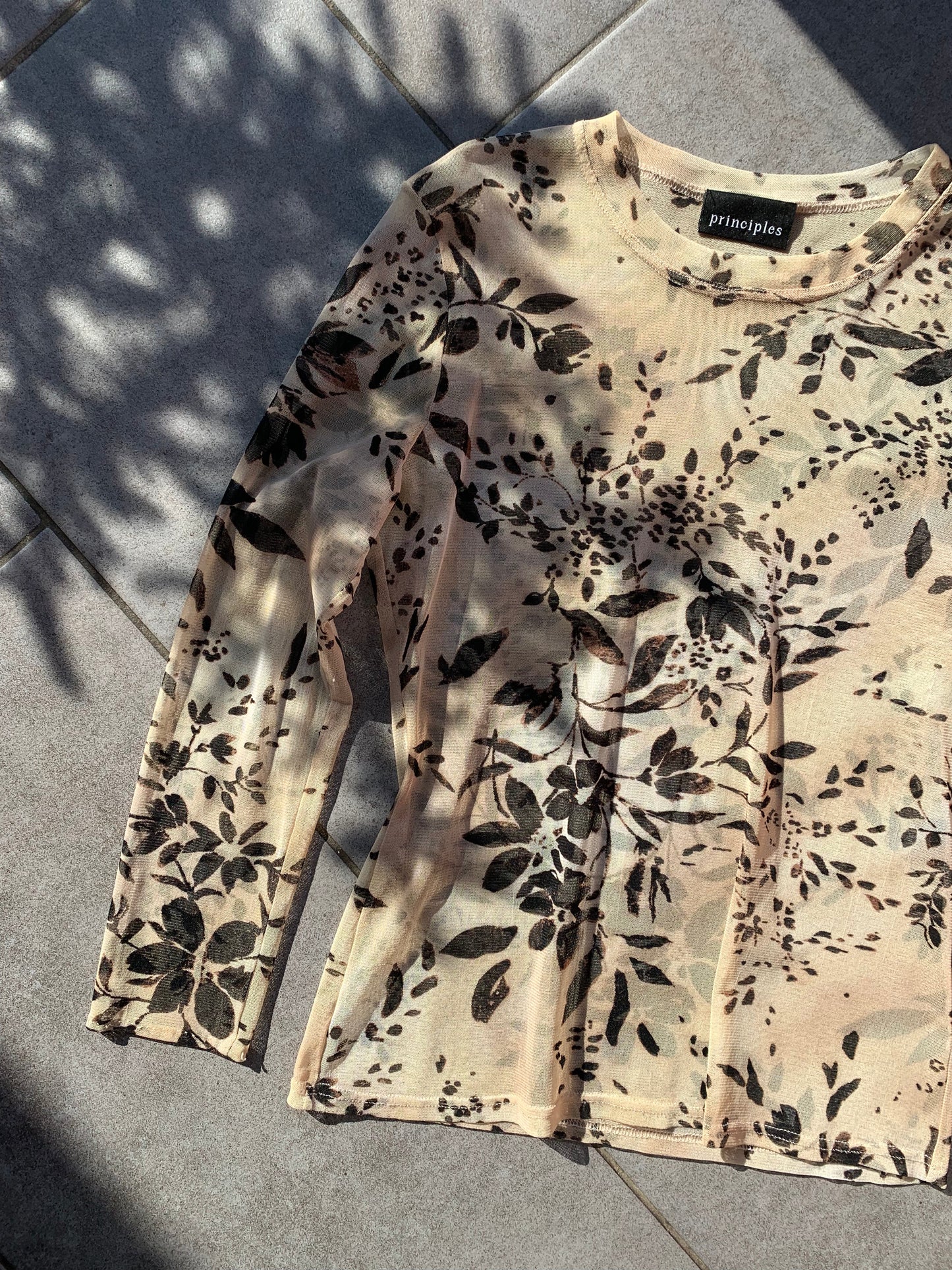 90s Vintage Principles Sheer Long Sleeve Beige Floral Top