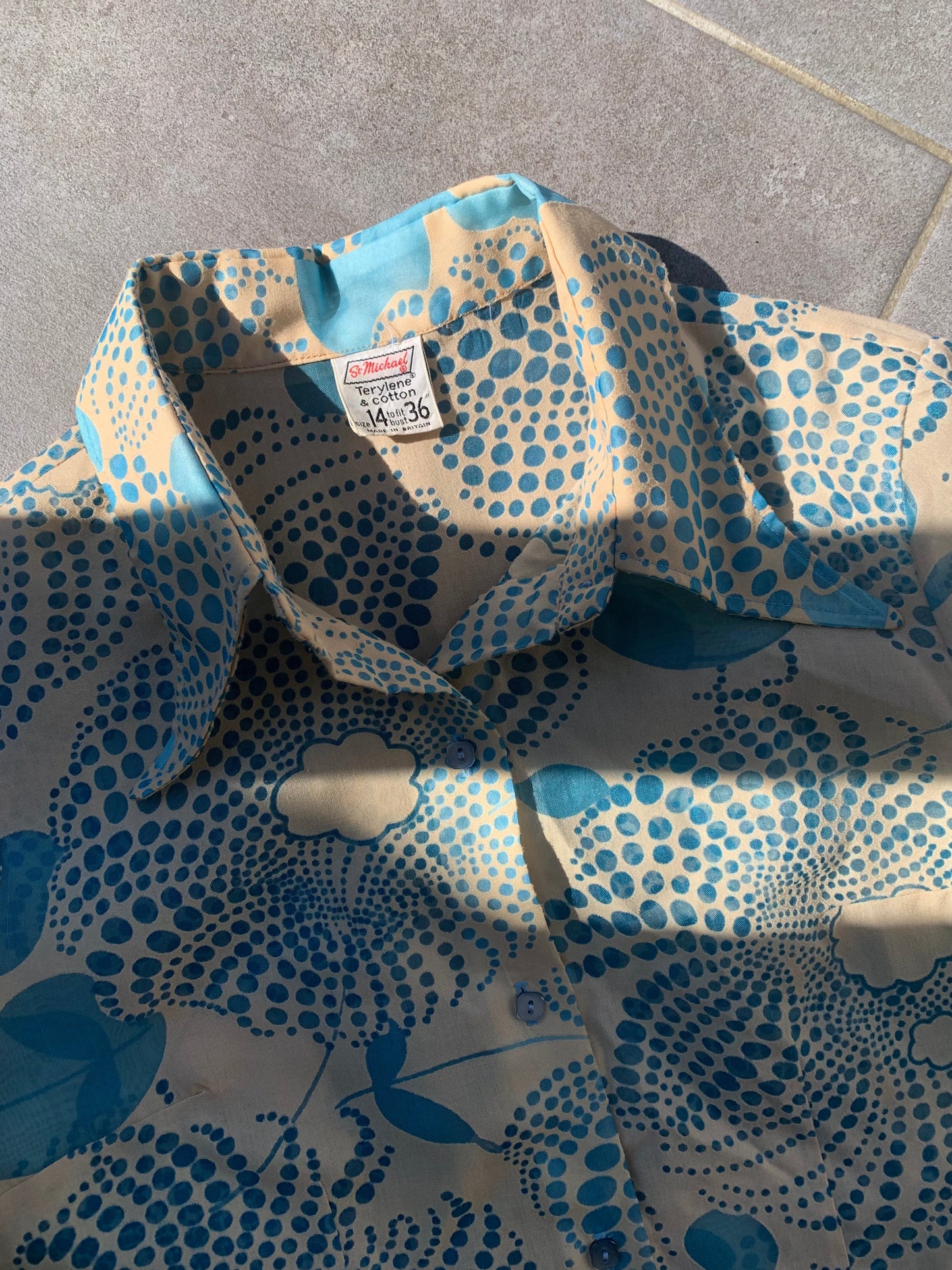 70s Vintage St Michael Sheer Blue & Beige Retro Patterned Shirt