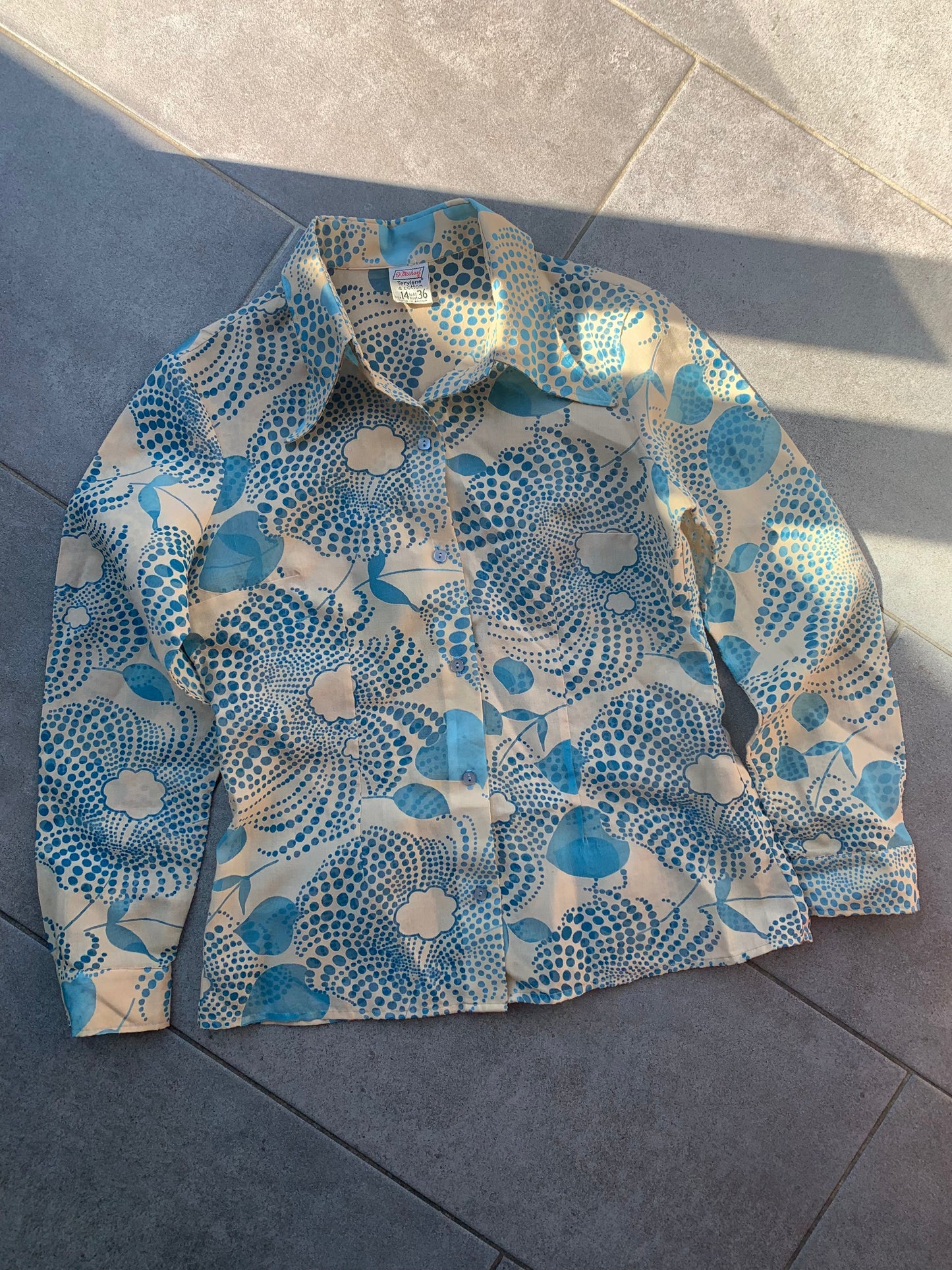 70s Vintage St Michael Sheer Blue & Beige Retro Patterned Shirt