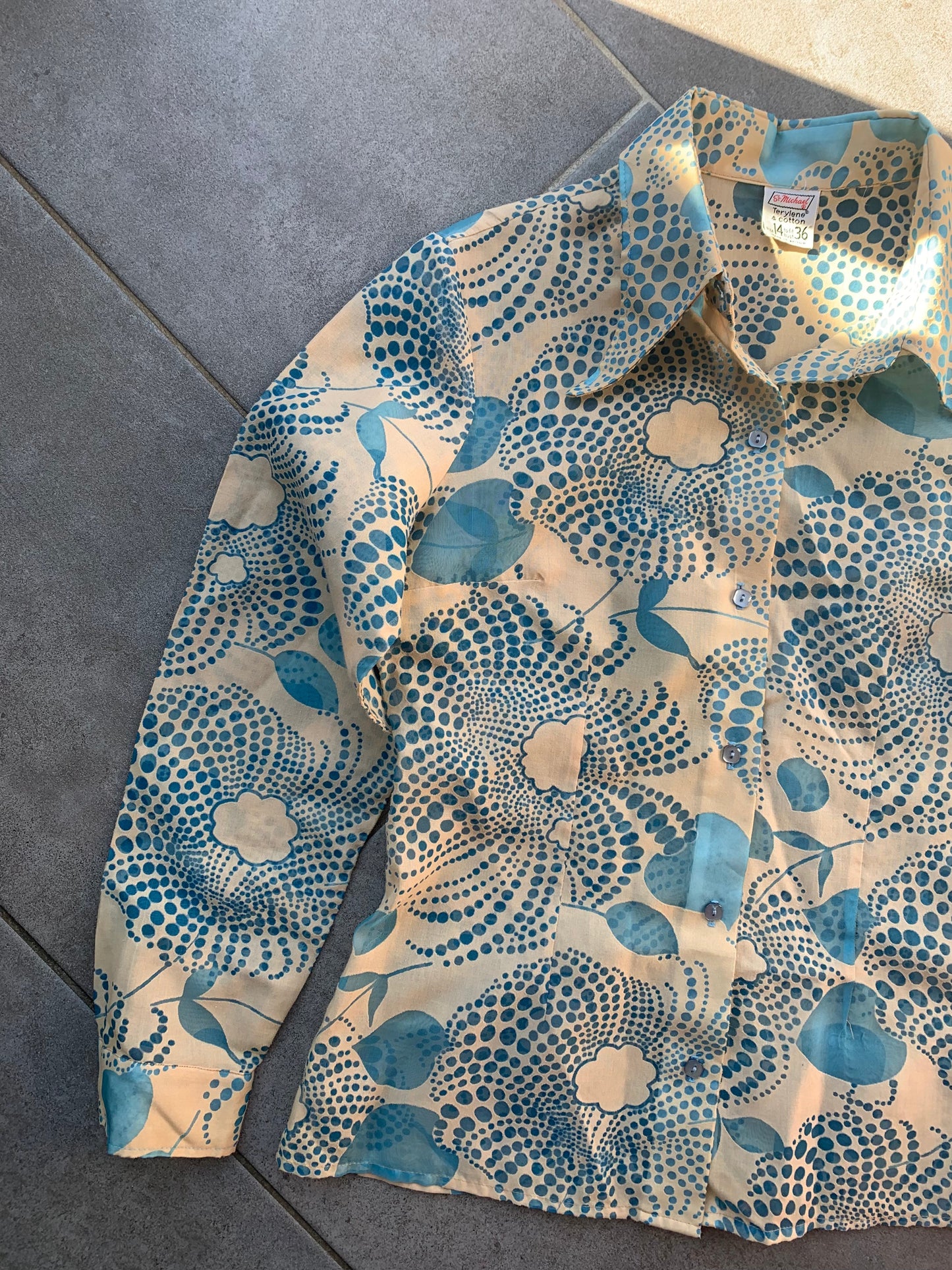 70s Vintage St Michael Sheer Blue & Beige Retro Patterned Shirt