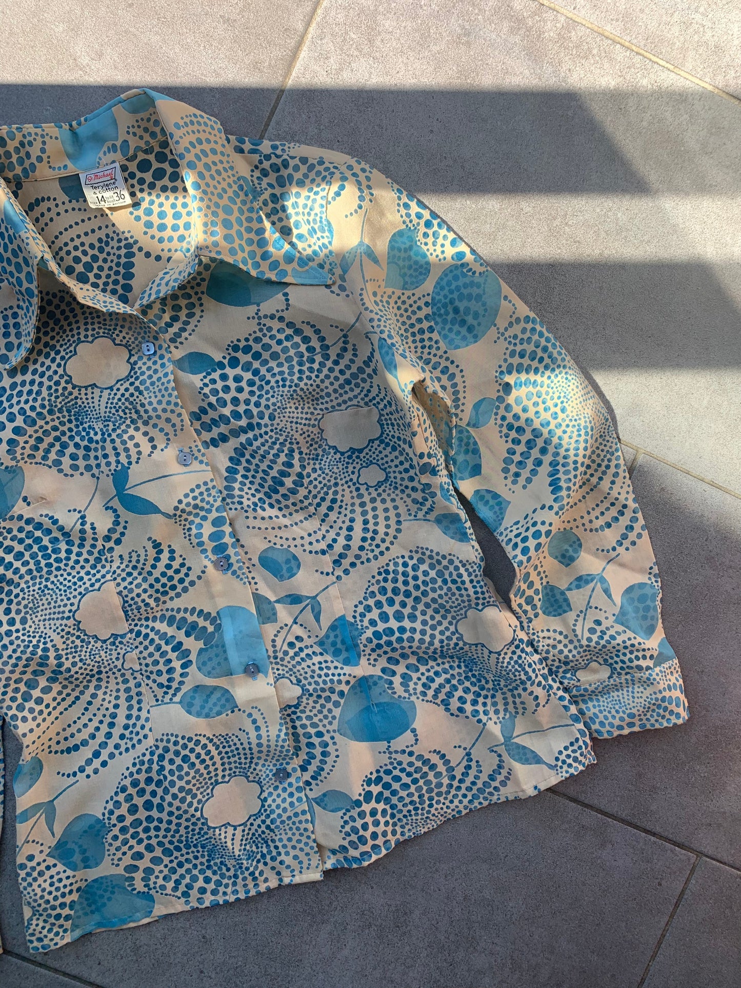 70s Vintage St Michael Sheer Blue & Beige Retro Patterned Shirt