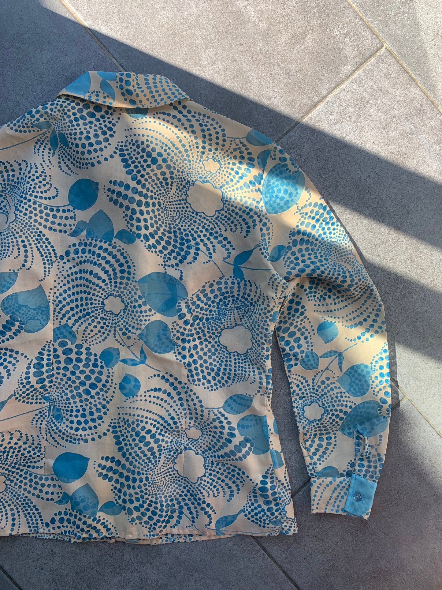 70s Vintage St Michael Sheer Blue & Beige Retro Patterned Shirt