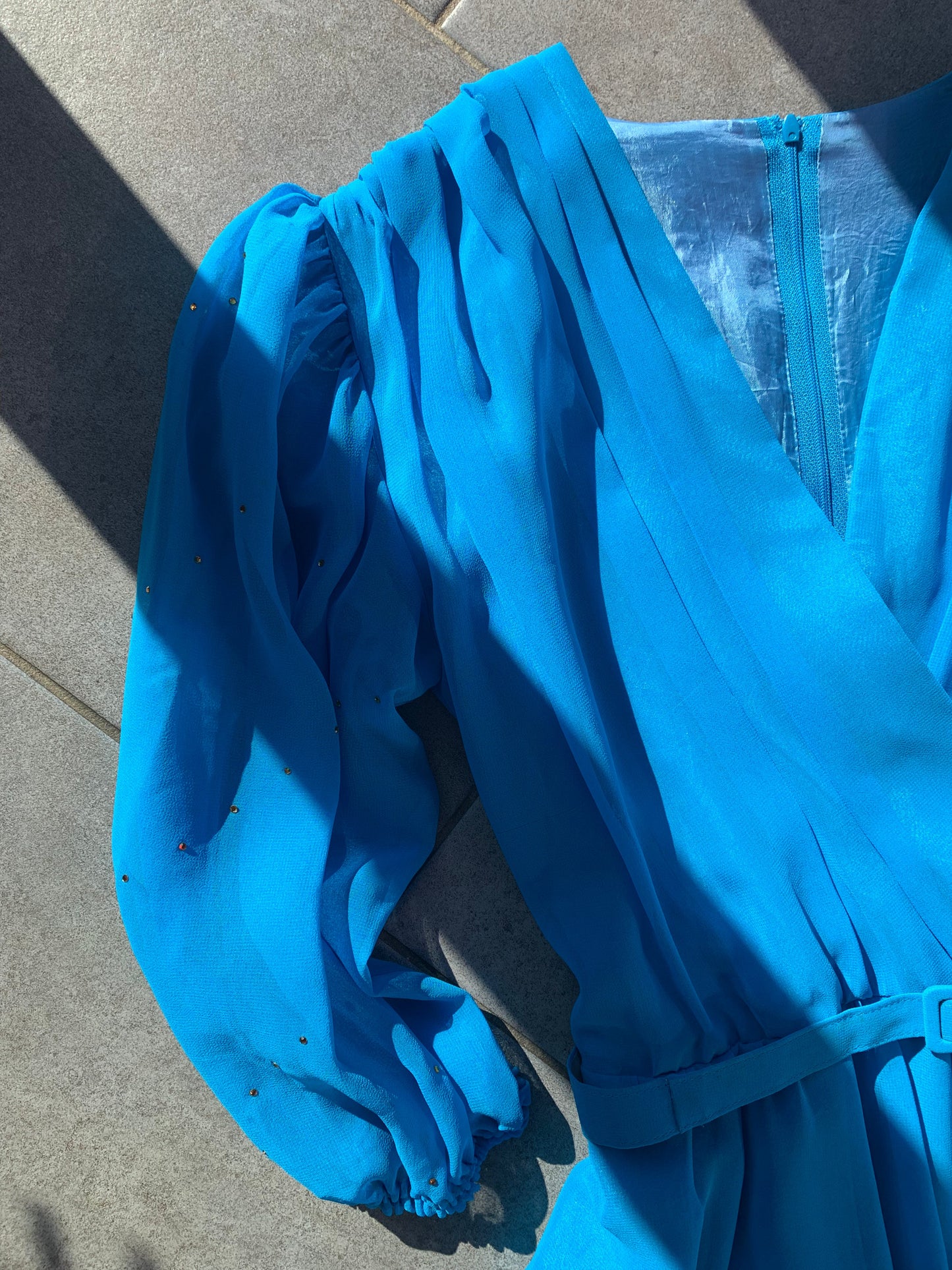 80s Vintage Blue Blouson Midi Dress