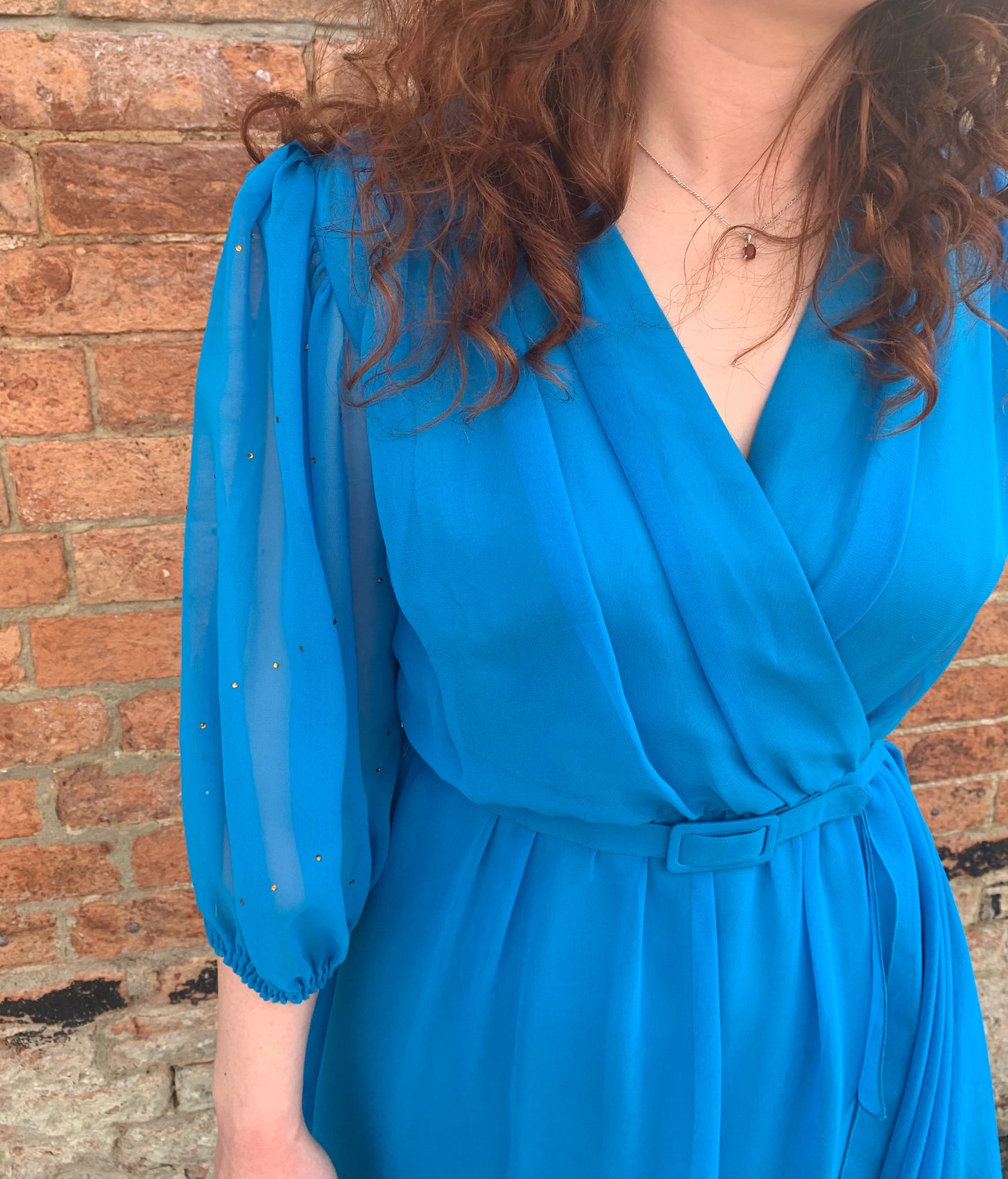 80s Vintage Blue Blouson Midi Dress