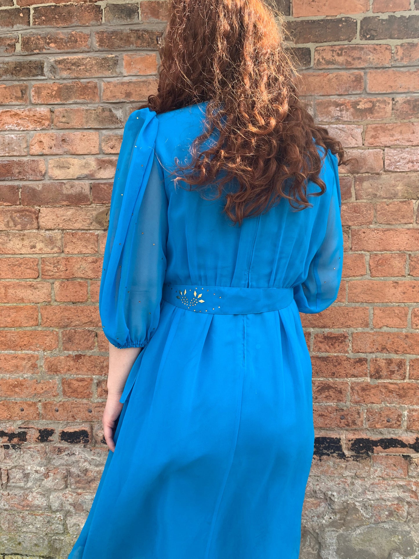 80s Vintage Blue Blouson Midi Dress