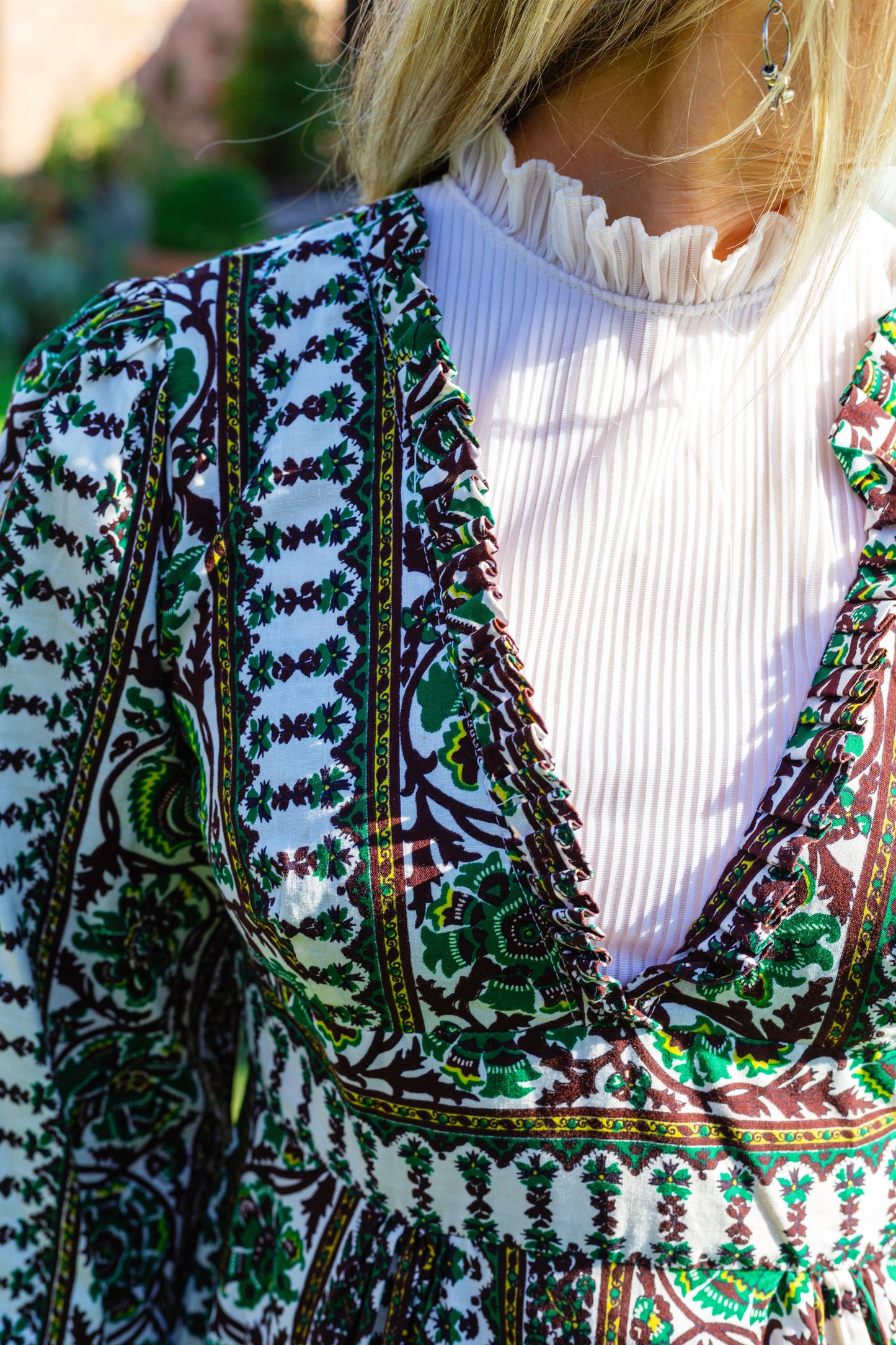70s Vintage Patterned High-neck Maxi Dress