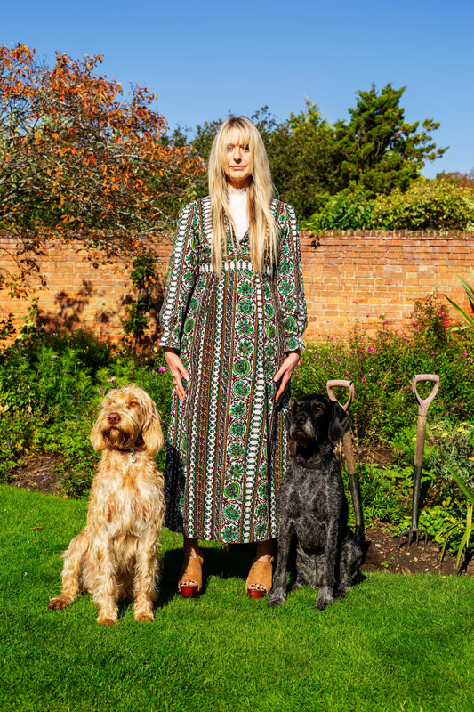 70s Vintage Patterned High-neck Maxi Dress