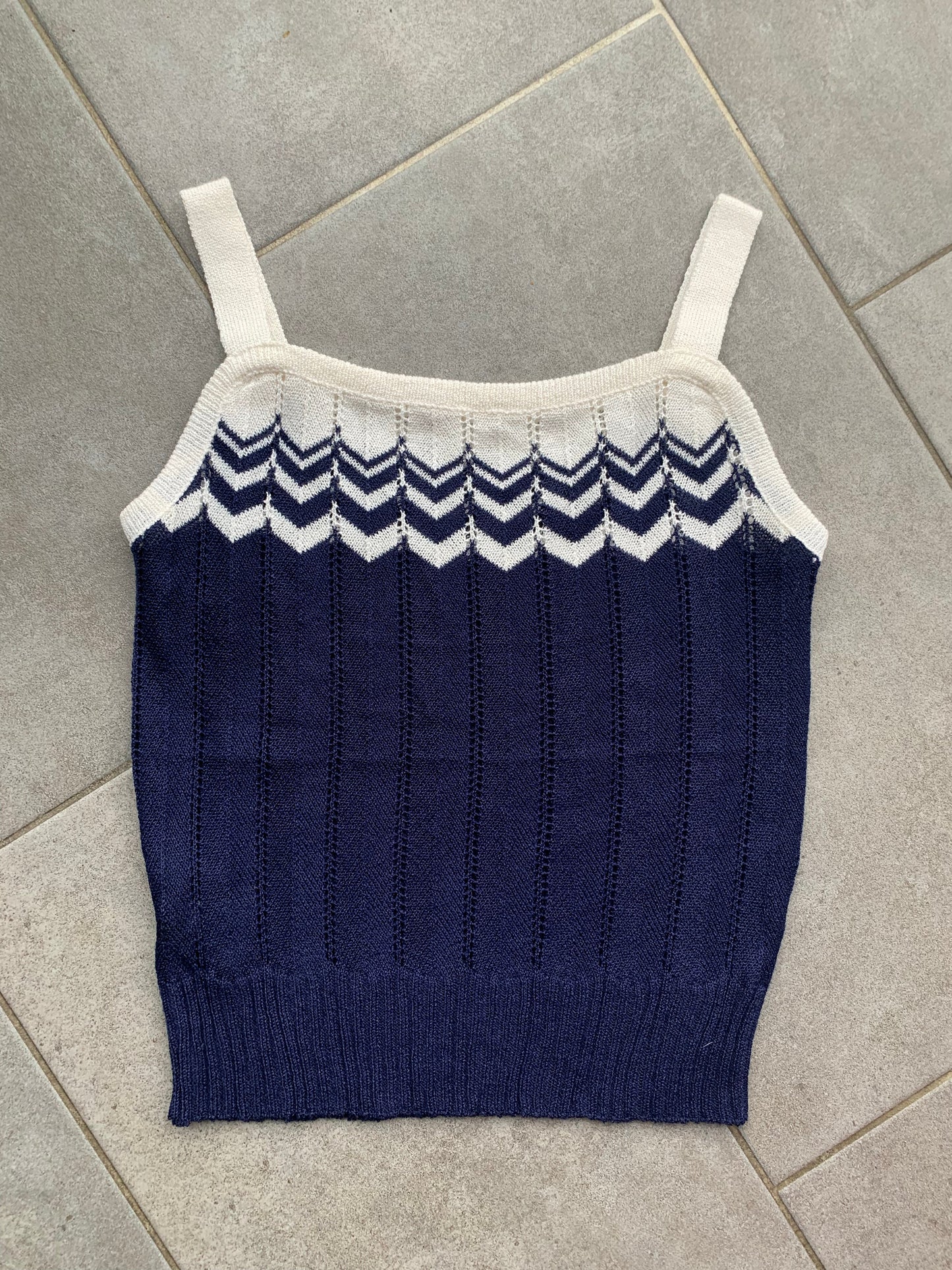 70s Vintage Navy & White Knitted Tank Top