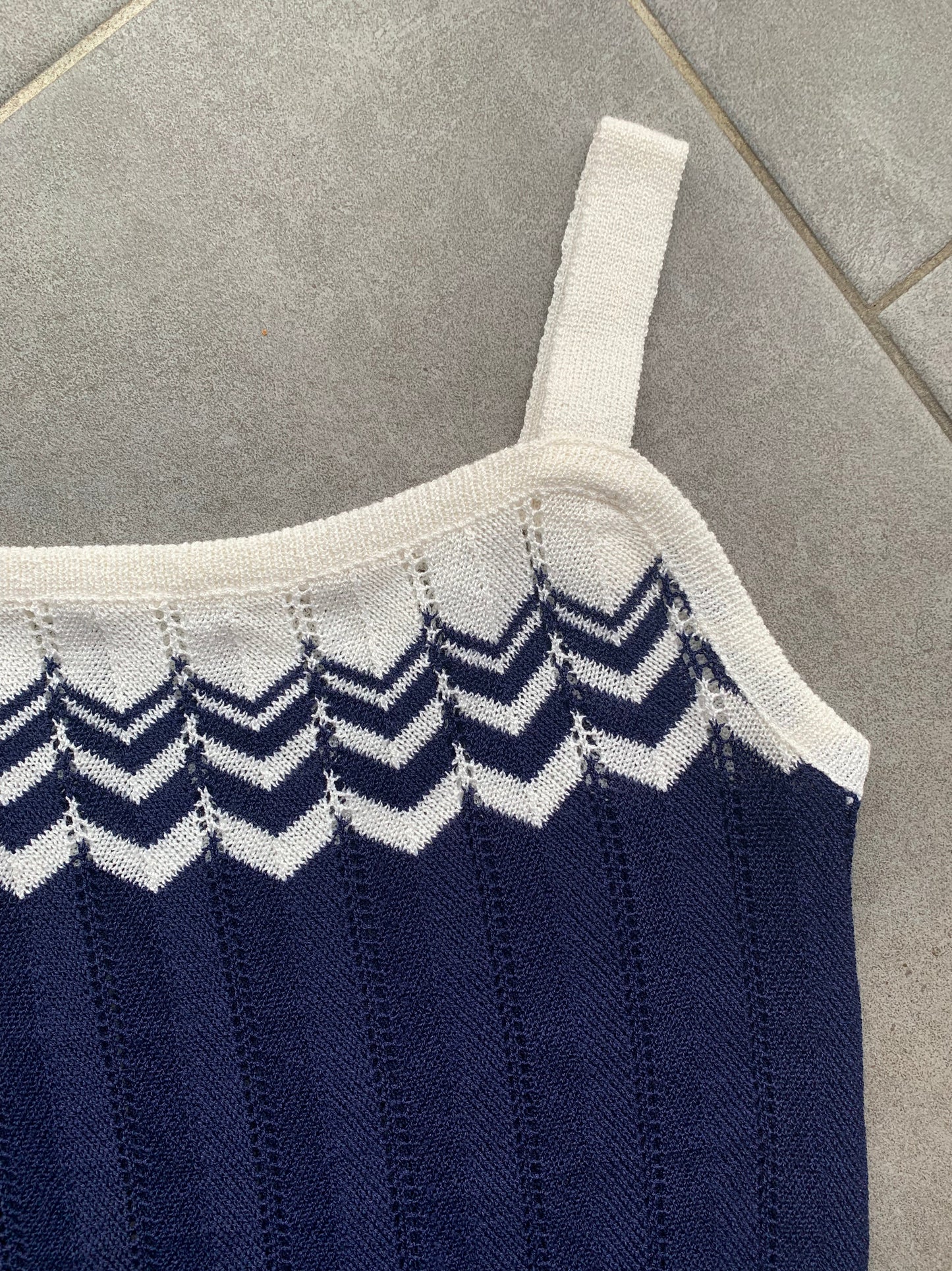 70s Vintage Navy & White Knitted Tank Top