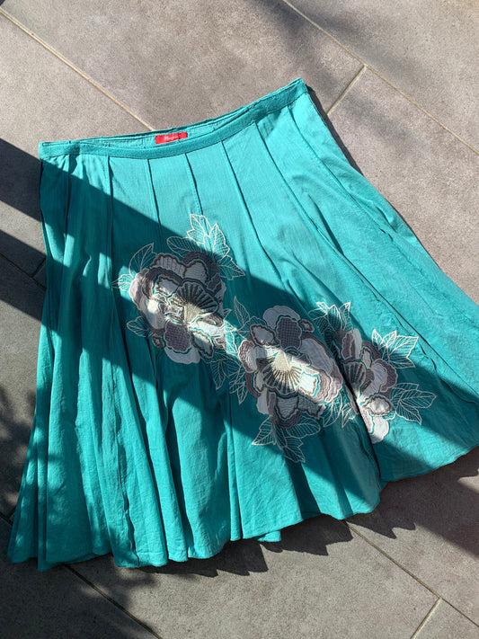 Monsoon 2000's 100% Cotton Turquoise Embroidered Midi Skirt