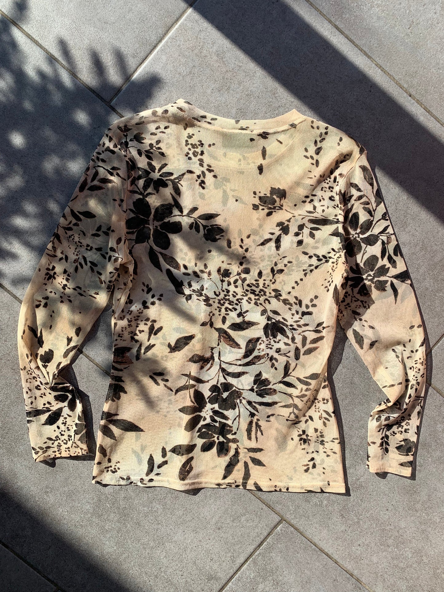 90s Vintage Principles Sheer Long Sleeve Beige Floral Top