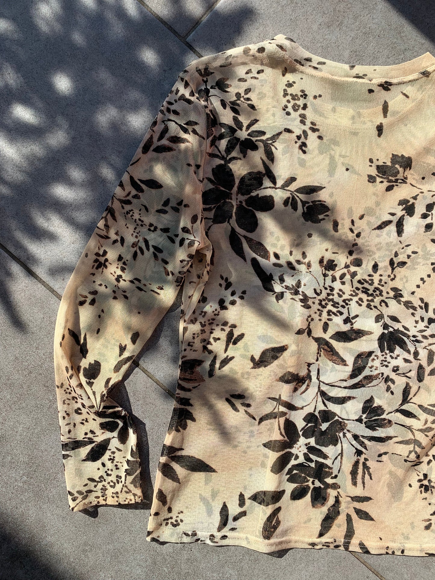 90s Vintage Principles Sheer Long Sleeve Beige Floral Top