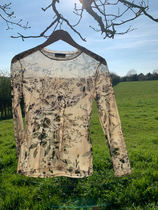 90s Vintage Principles Sheer Long Sleeve Beige Floral Top