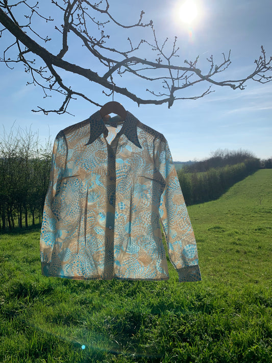 70s Vintage St Michael Sheer Blue & Beige Retro Patterned Shirt