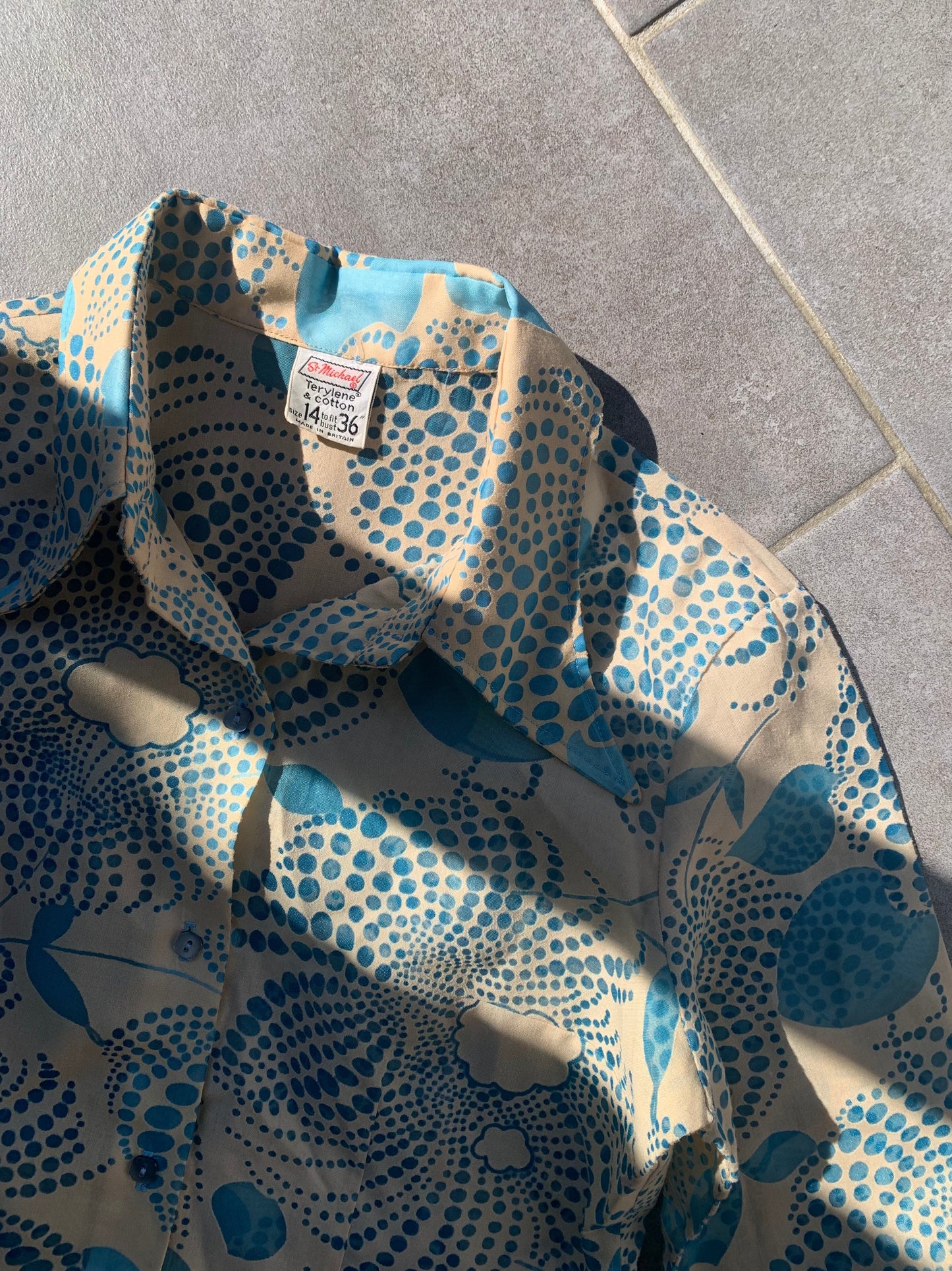 70s Vintage St Michael Sheer Blue & Beige Retro Patterned Shirt