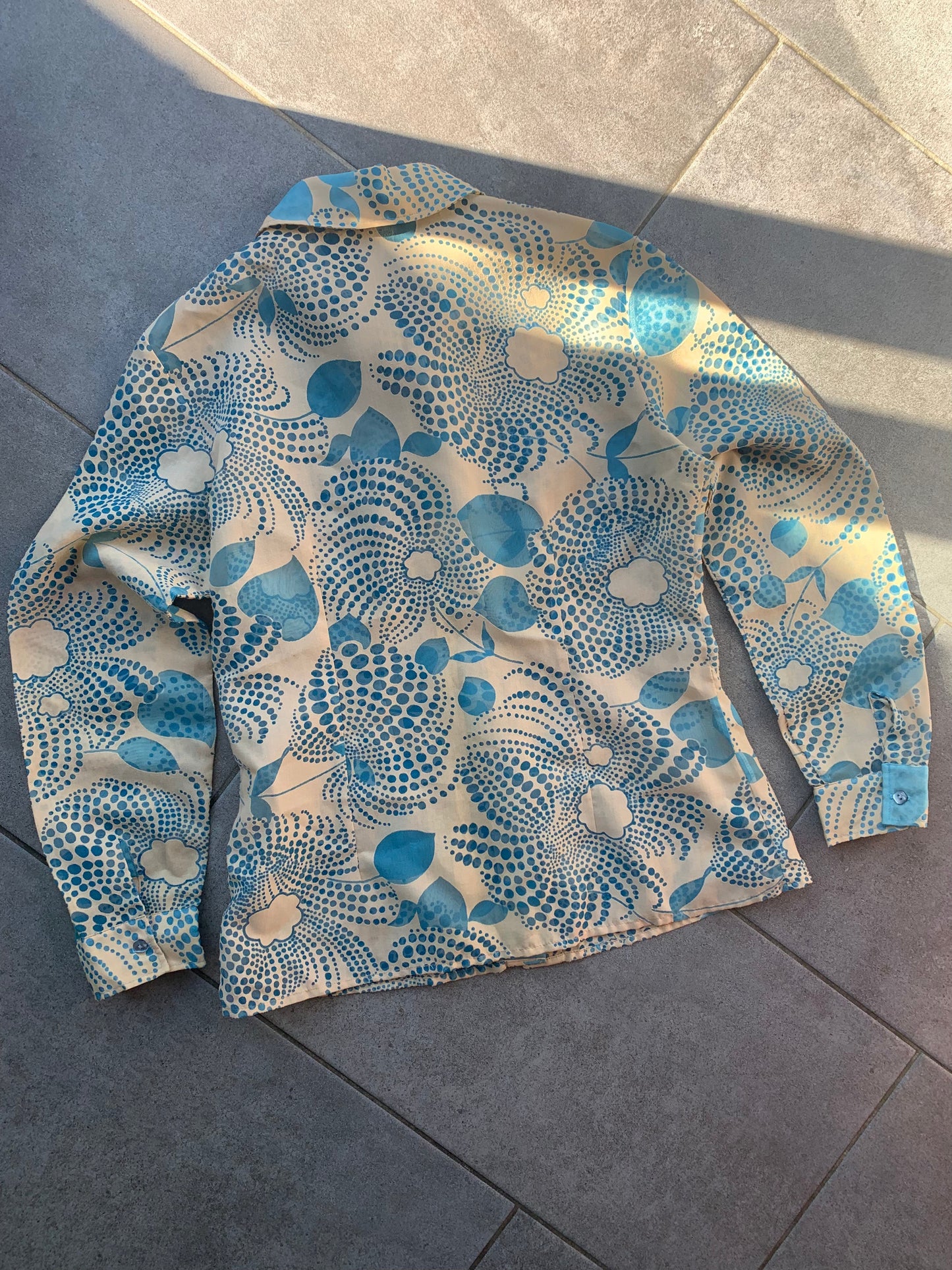 70s Vintage St Michael Sheer Blue & Beige Retro Patterned Shirt