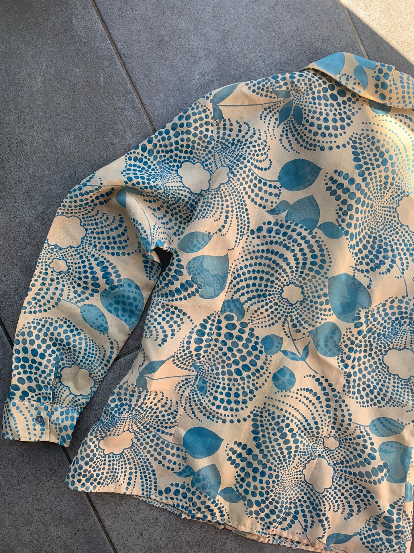 70s Vintage St Michael Sheer Blue & Beige Retro Patterned Shirt