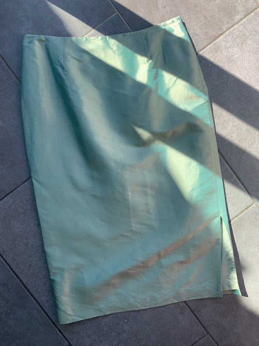 90s Vintage 'Resource' Green Iridescent Silk Midi Skirt