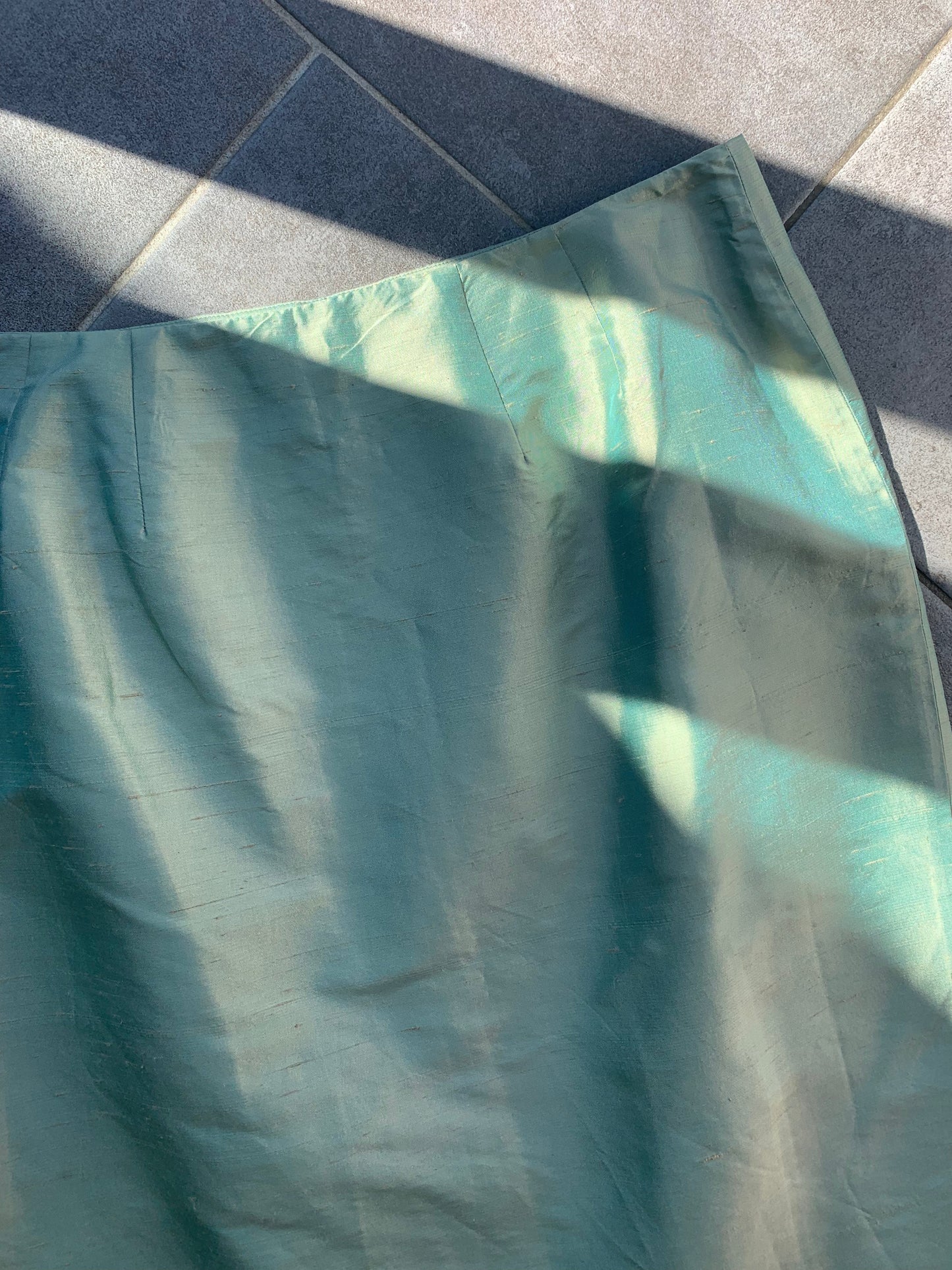 90s Vintage 'Resource' Green Iridescent Silk Midi Skirt
