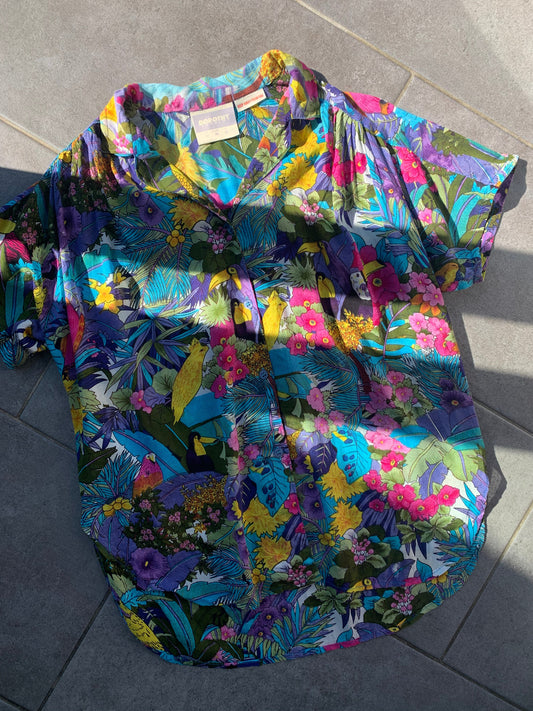 80s Vintage Dorothy Perkins Tropical Print Short Sleeve Blouse