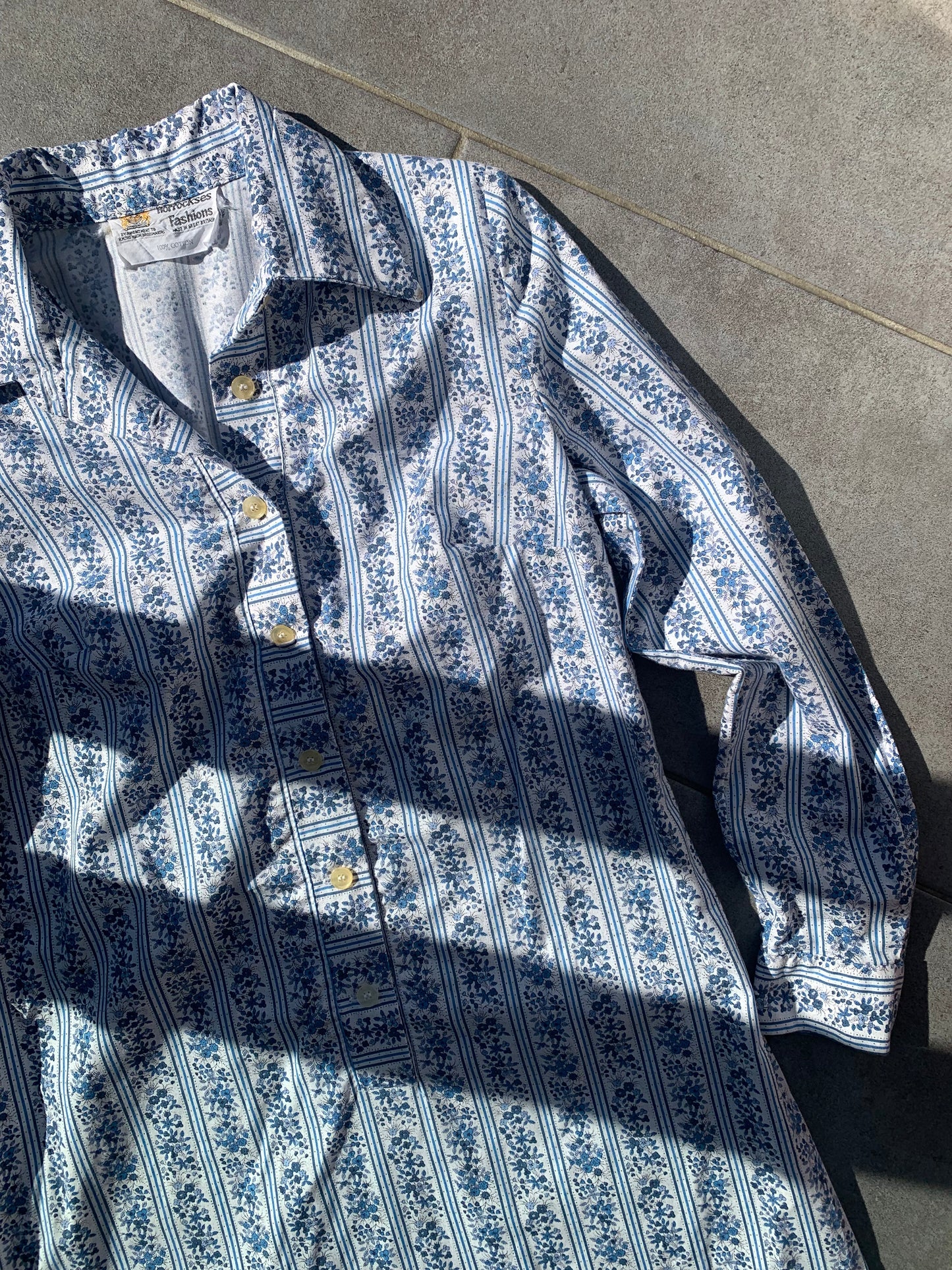 70s Vintage Horrockses Fashions Blue Floral Shirt Midi Dress
