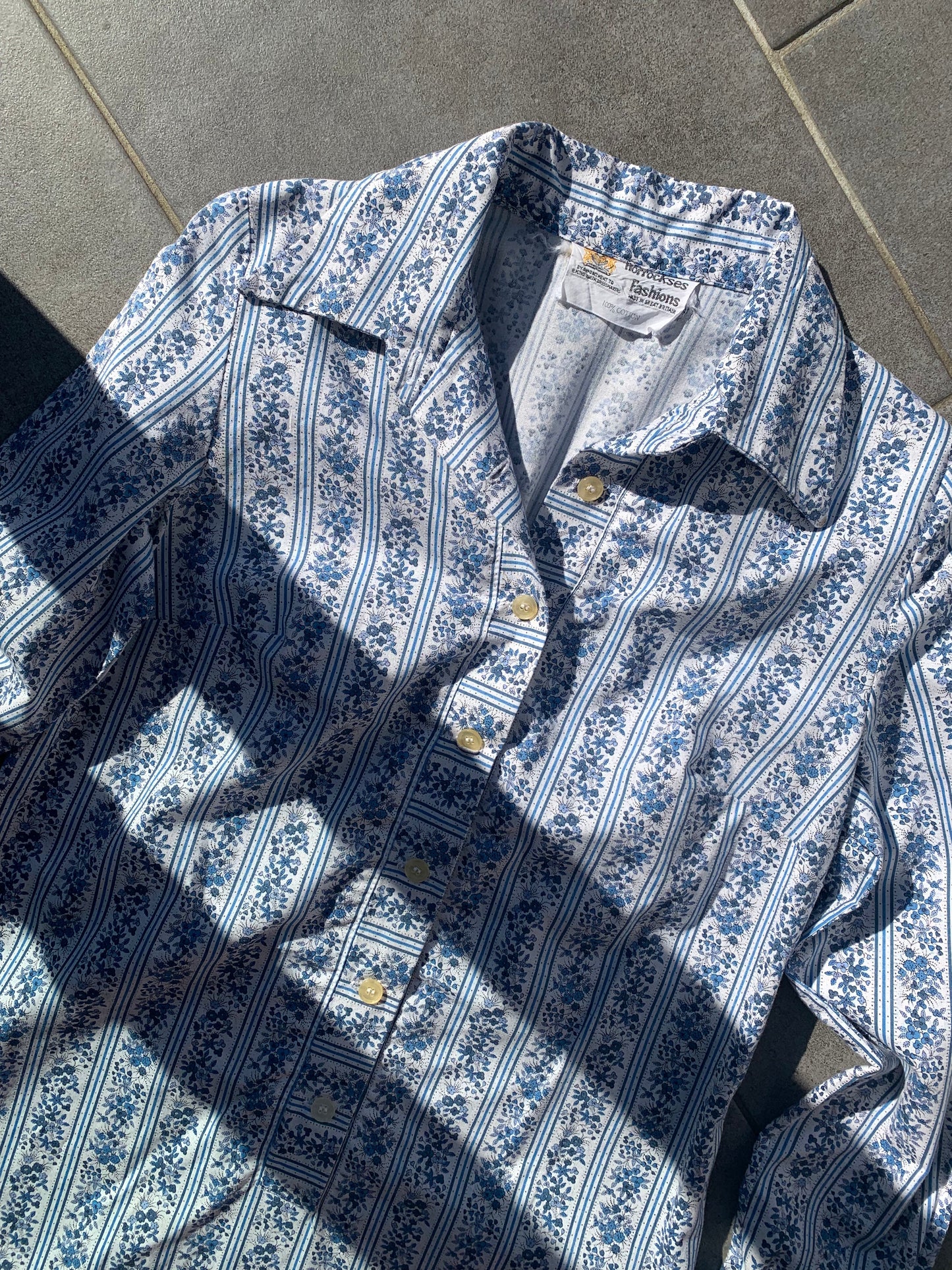70s Vintage Horrockses Fashions Blue Floral Shirt Midi Dress