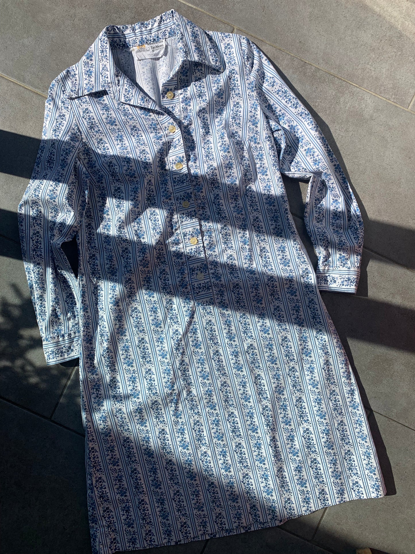 70s Vintage Horrockses Fashions Blue Floral Shirt Midi Dress