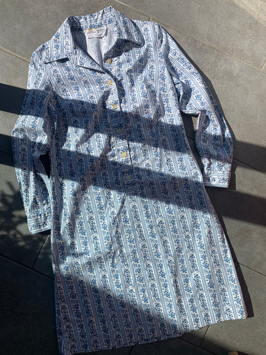 70s Vintage Horrockses Fashions Blue Floral Shirt Midi Dress