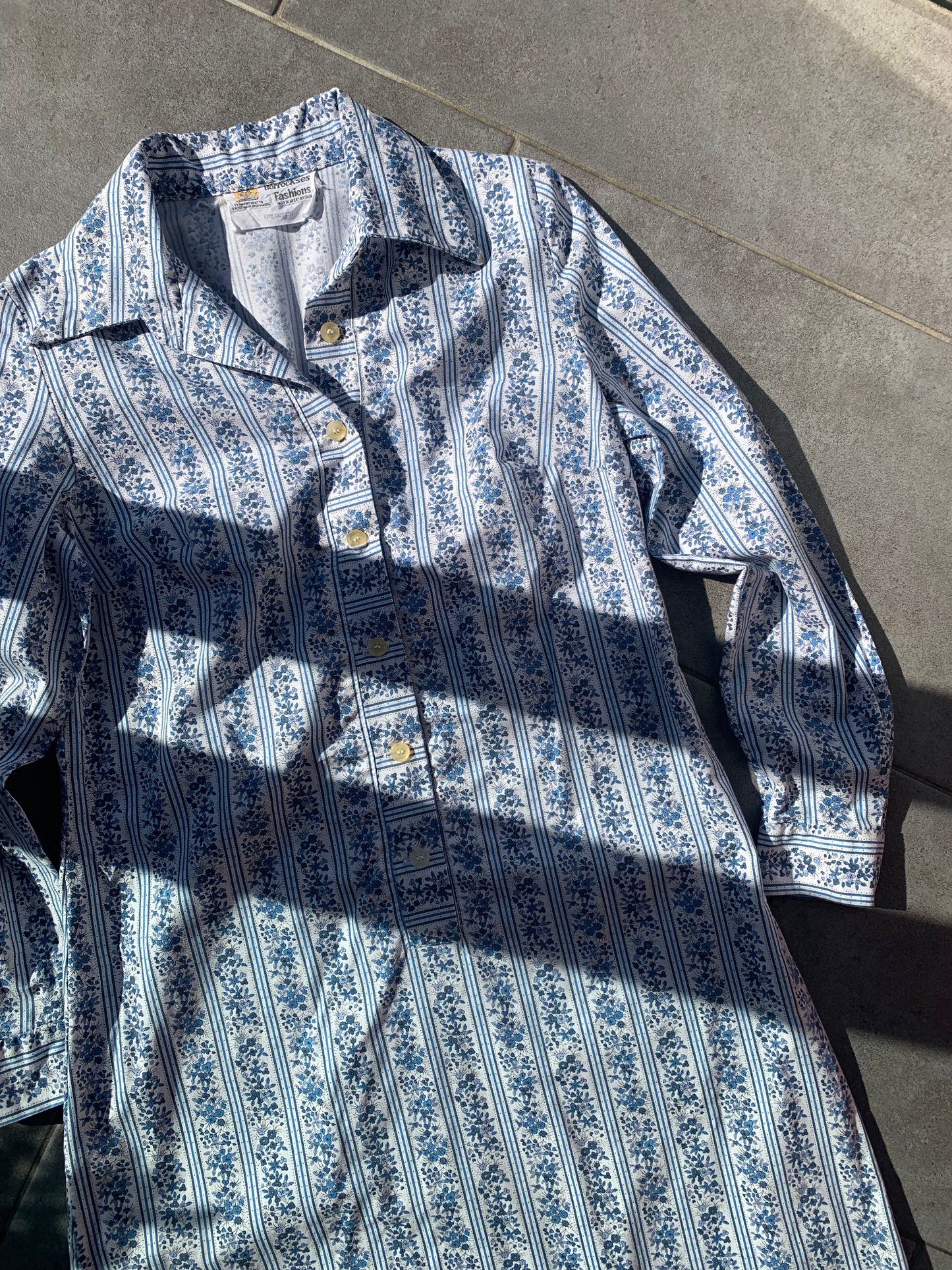 70s Vintage Horrockses Fashions Blue Floral Shirt Midi Dress