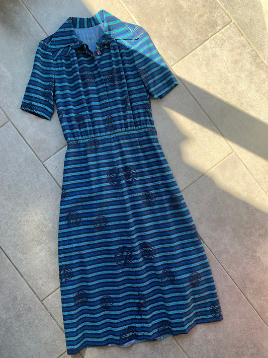 70s Vintage Blue & Navy Metal Zipper Midi Shirt Dress