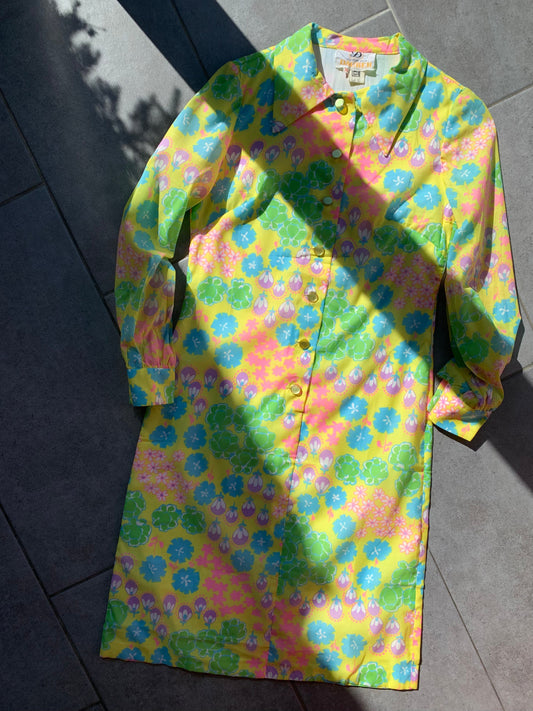 70s Vintage 'Dauber' Pastel Floral Collared Knee Length Dress