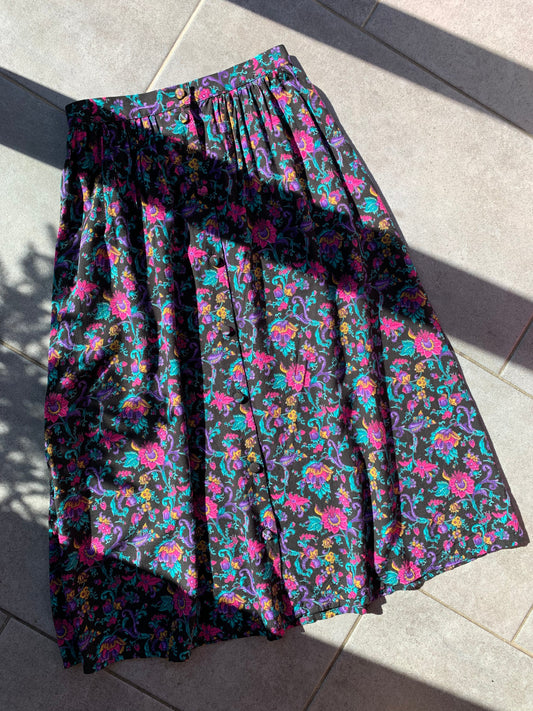 90s Vintage St Michael Dark Floral Prairie Midi Skirt