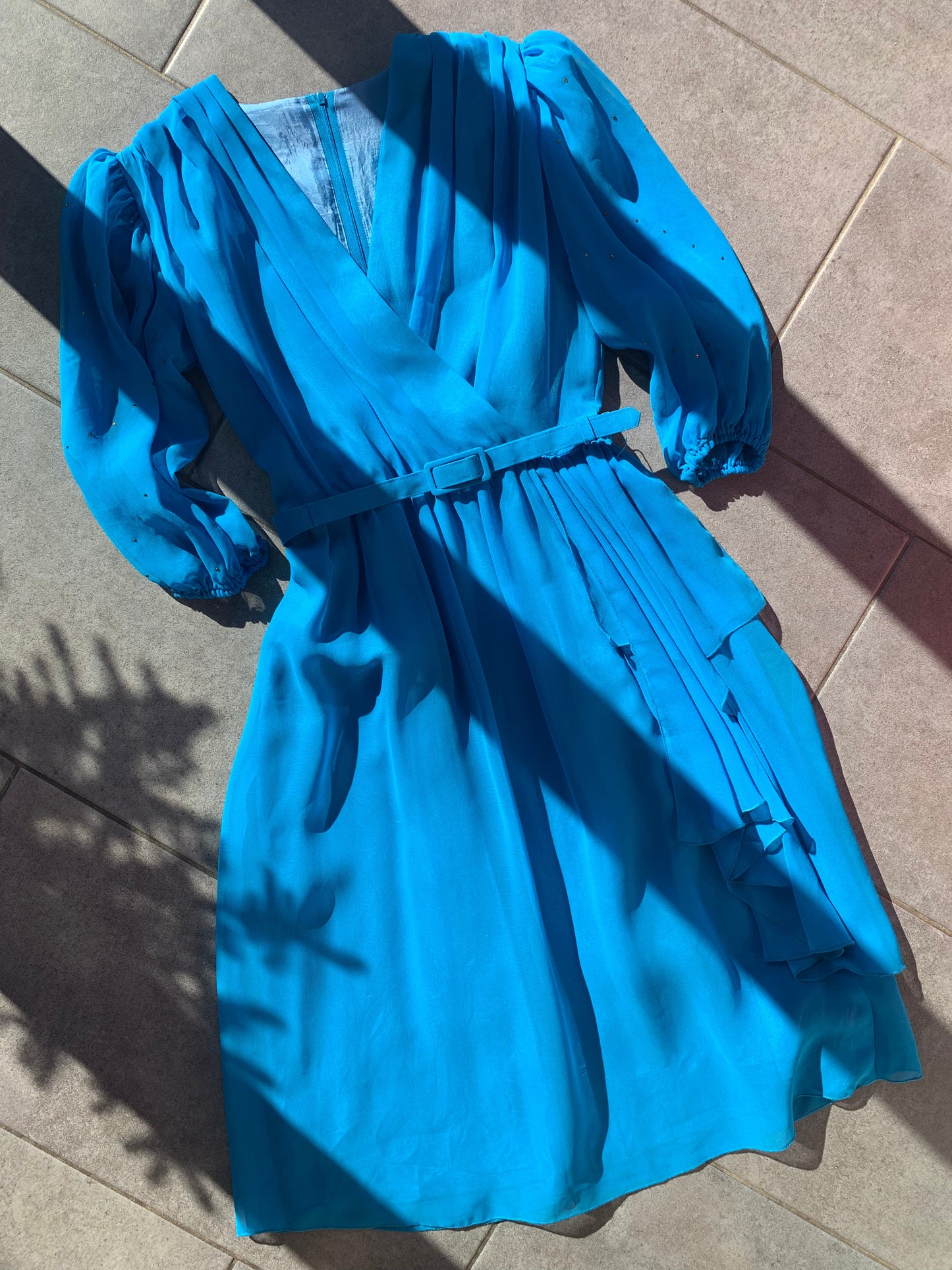 80s Vintage Blue  Blouson Midi Dress