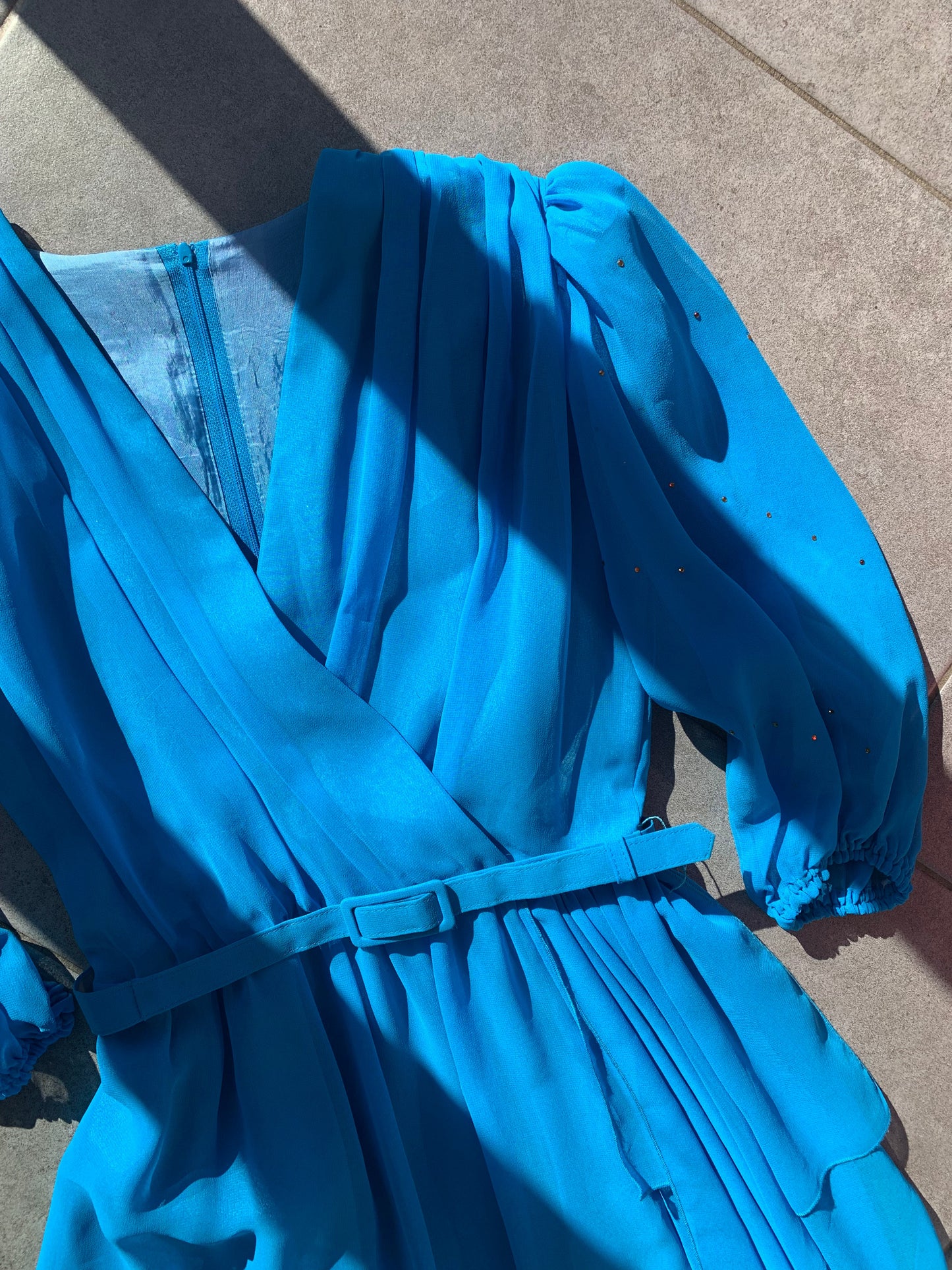 80s Vintage Blue  Blouson Midi Dress