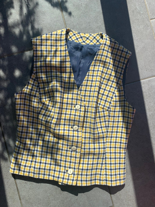 70s Vintage Yellow & Navy Check Waistcoat