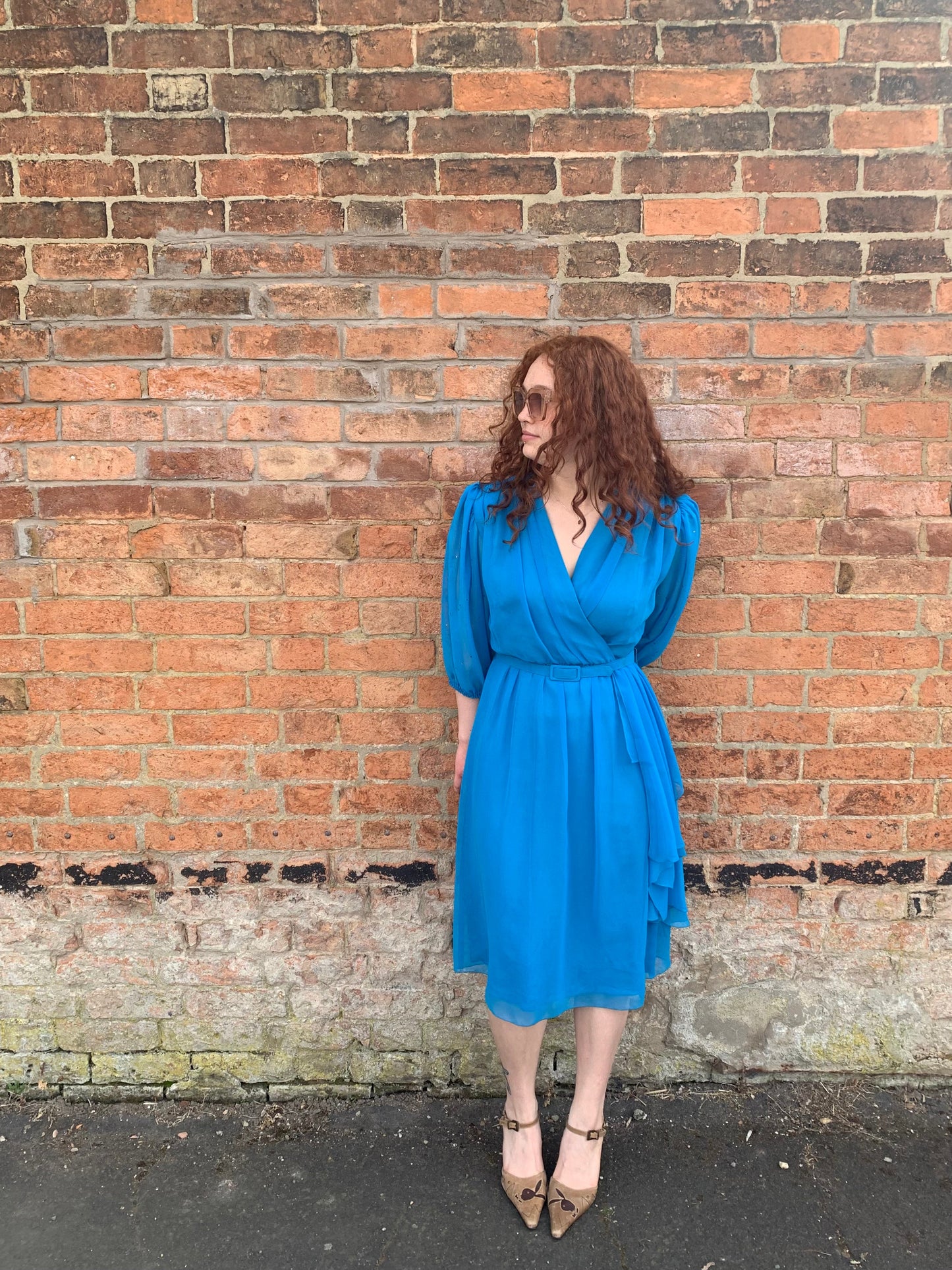 80s Vintage Blue  Blouson Midi Dress