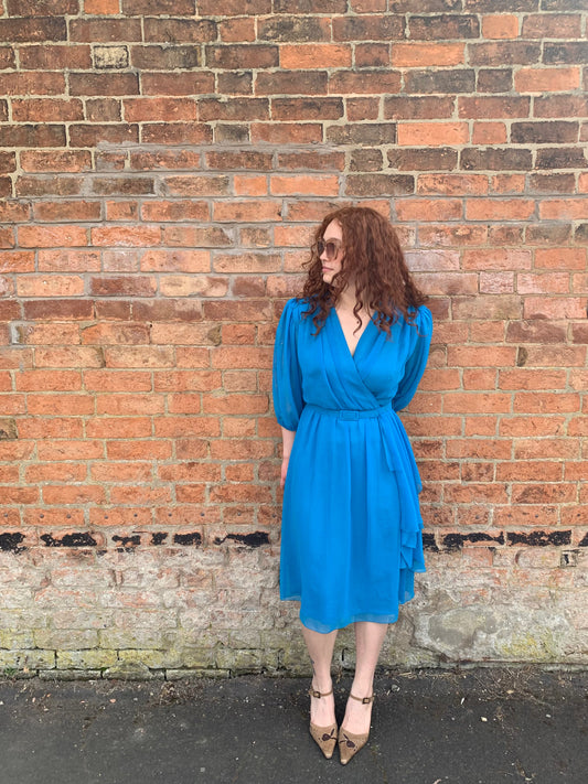 80s Vintage Blue  Blouson Midi Dress
