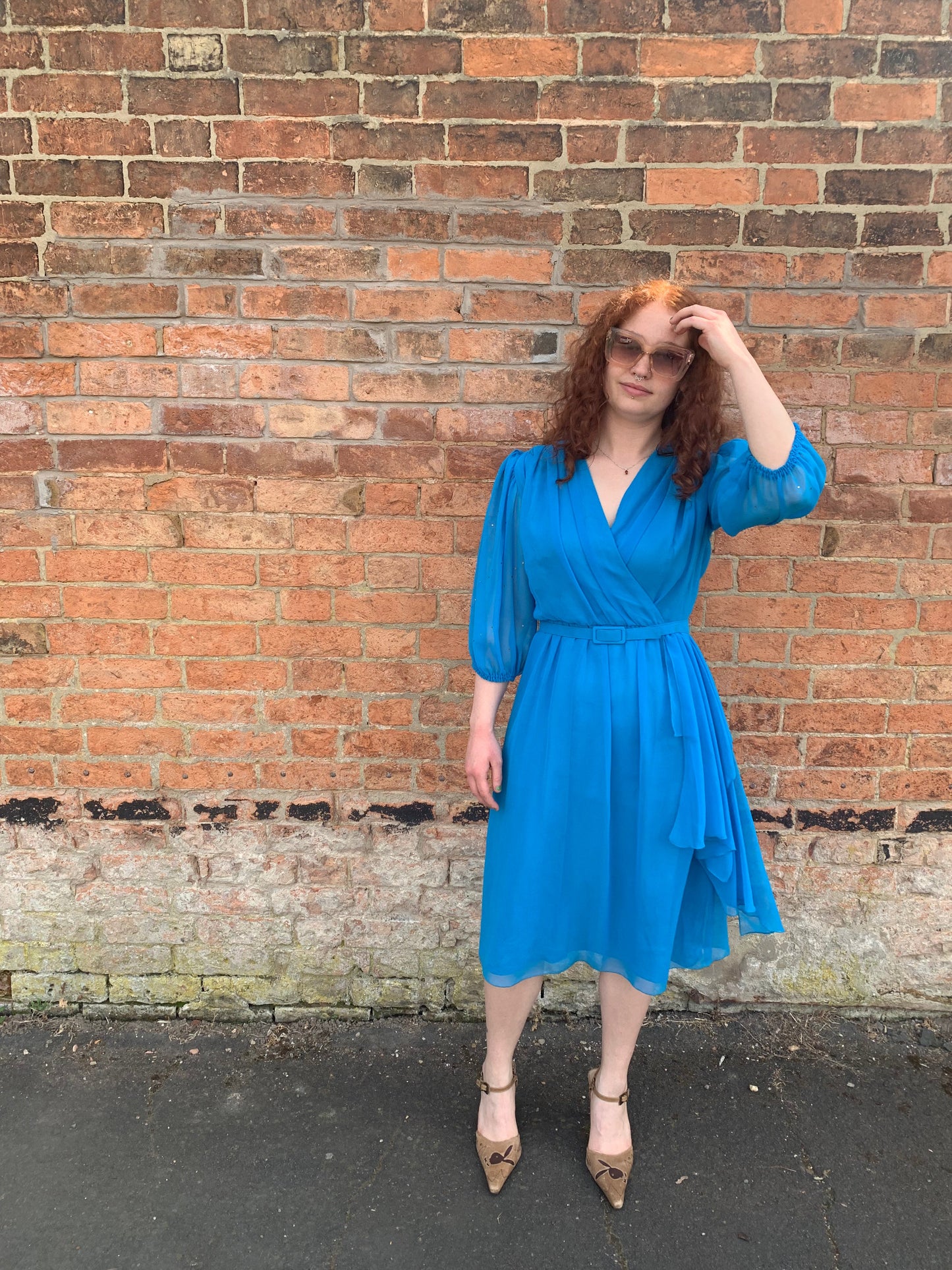 80s Vintage Blue  Blouson Midi Dress