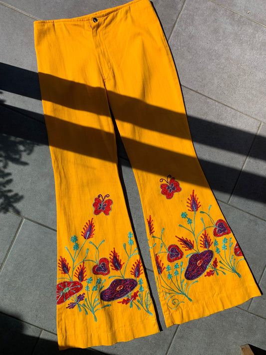 70s Vintage Yellow Embroidered Flares