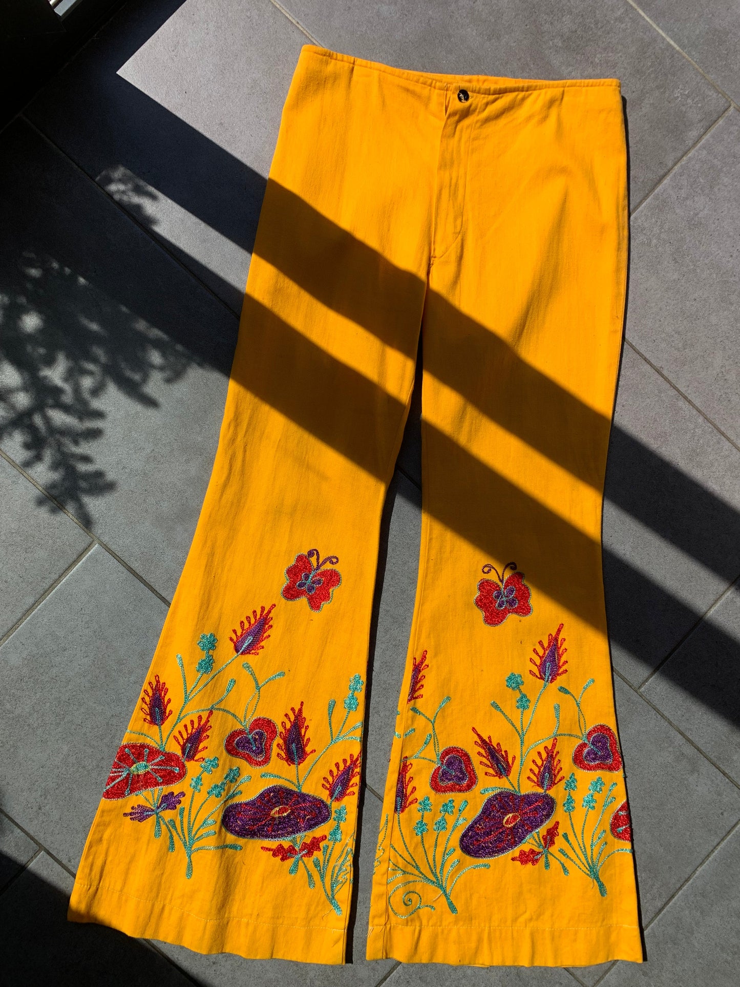 70s Vintage Yellow Embroidered Flares