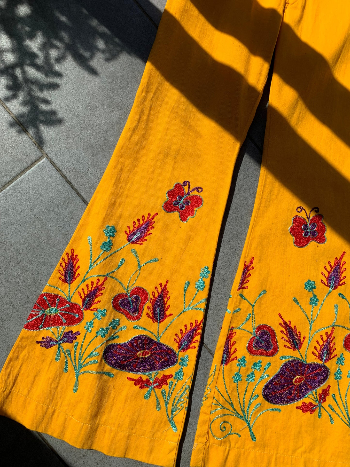 70s Vintage Yellow Embroidered Flares