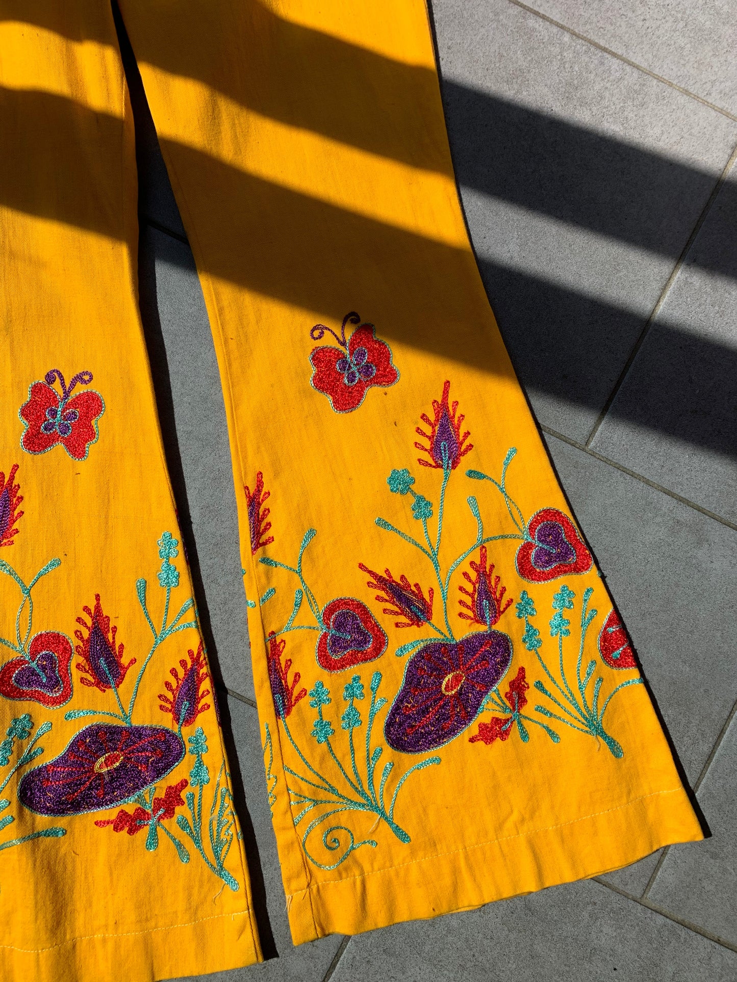 70s Vintage Yellow Embroidered Flares