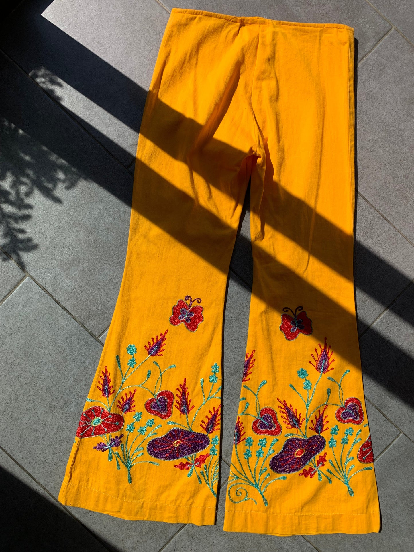 70s Vintage Yellow Embroidered Flares