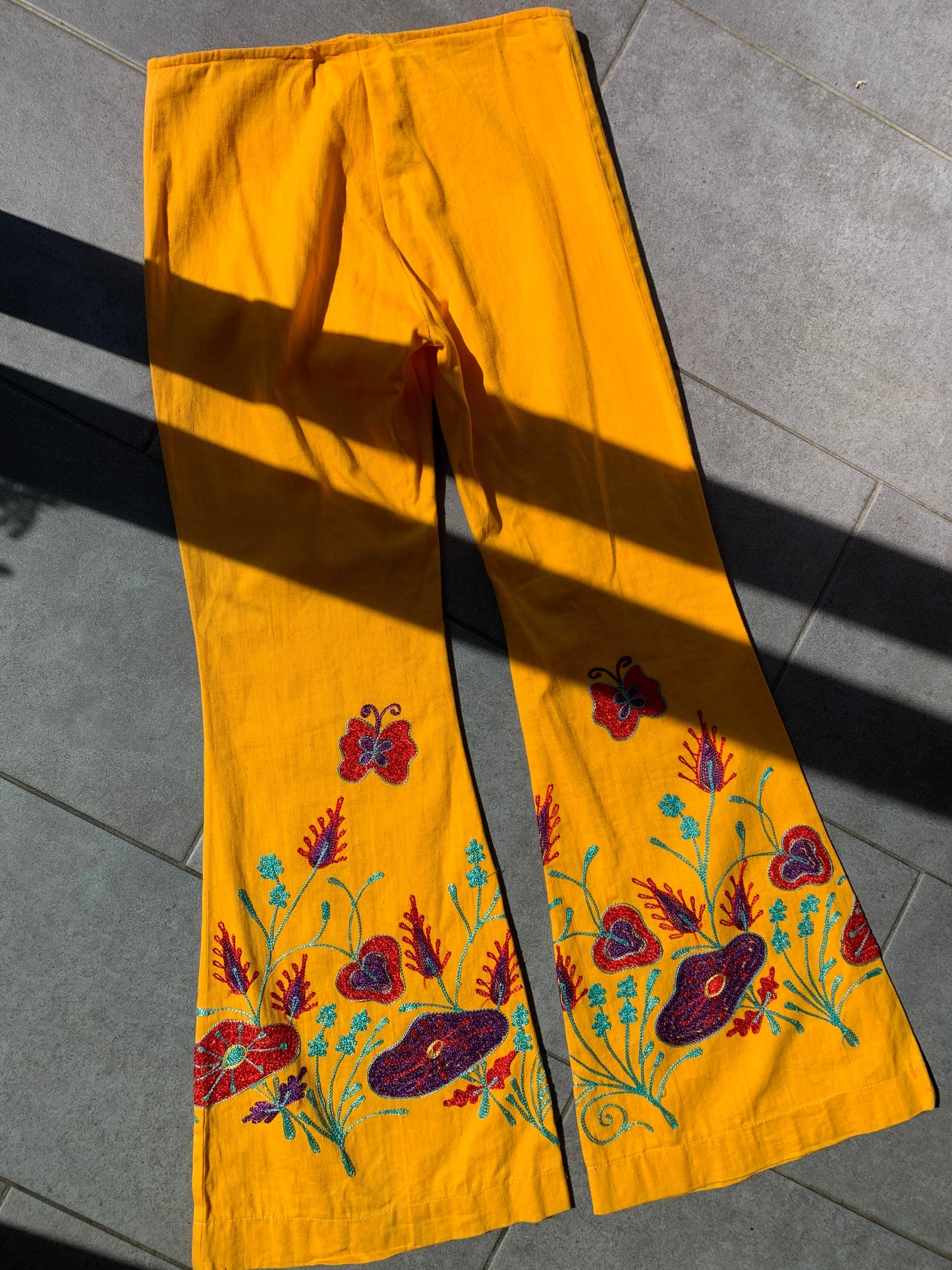 70s Vintage Yellow Embroidered Flares