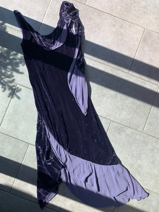 90s Vintage Ghost Purple Velvet & Silk Dress